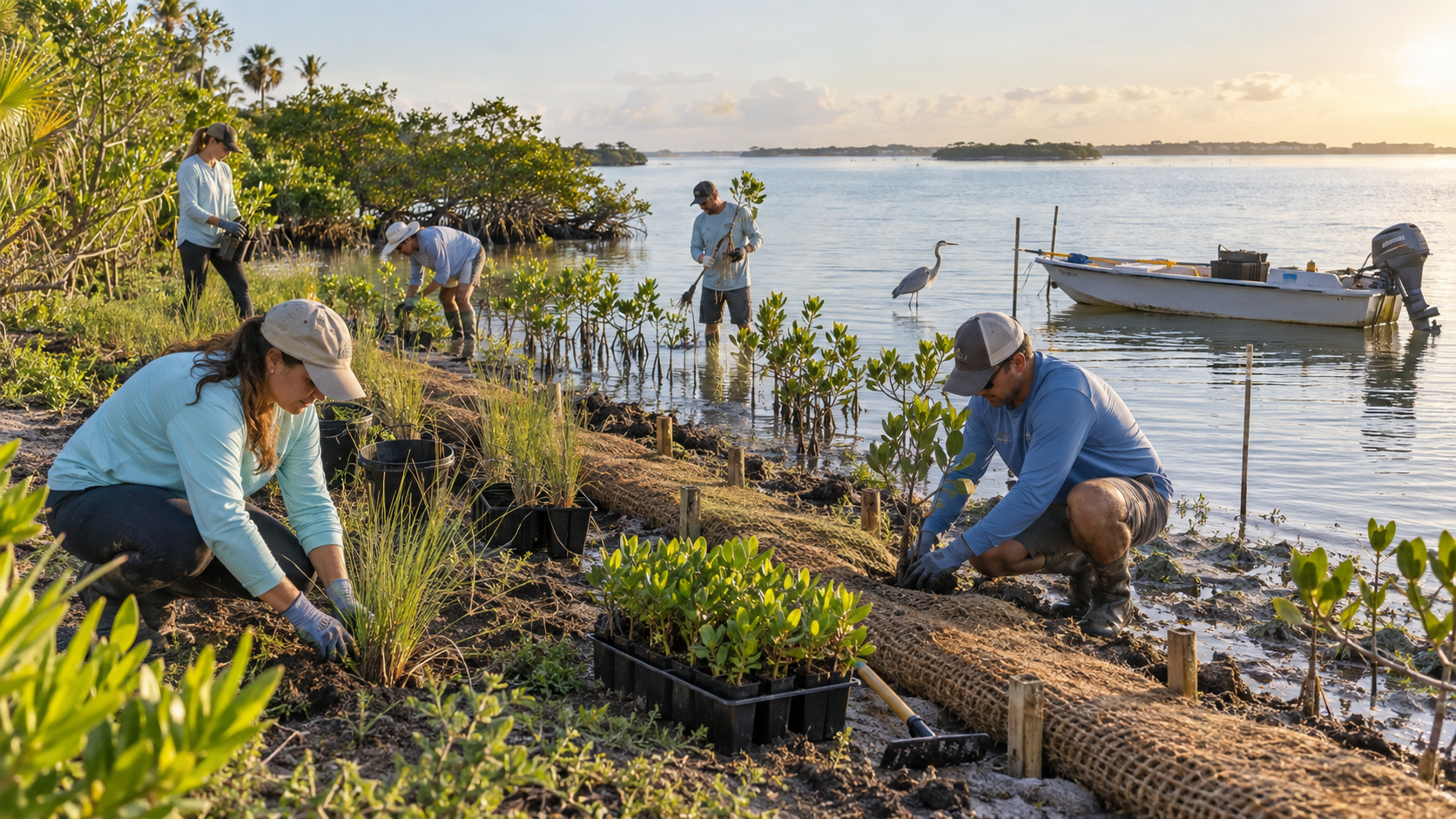 Two volunteers kneeling on a shoreline at golden hour planting mangrove saplings along a coir fiber erosion control roll, with a tray of seedlings, planting tools, and a docked motorboat nearby as a Great Blue Heron stands in the calm water