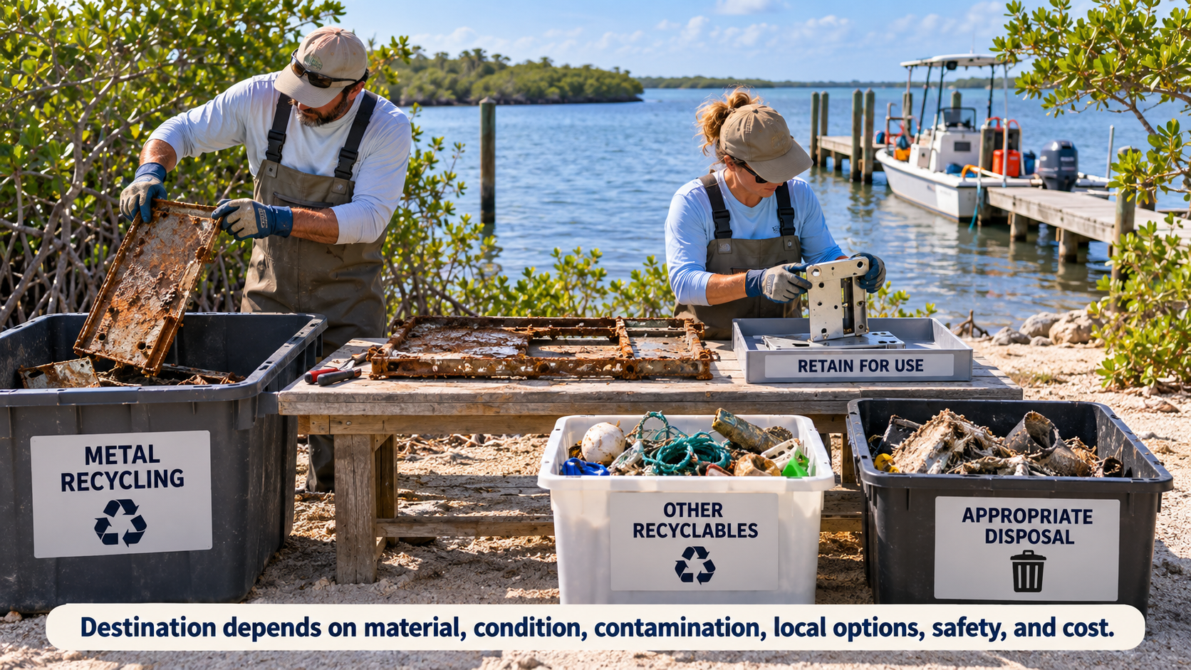 Field-based debris-sorting operation by a waterfront. Two workers in protective gear and grey bib overalls sort recovered items at a wooden workbench, with a small grey tray labeled RETAIN FOR USE holding a cleaner mechanical component. Three collection bins sit in the foreground: a black bin labeled METAL RECYCLING with rusted scrap metal, a white bin labeled OTHER RECYCLABLES with ropes, buoys, and plastics, and a black bin labeled APPROPRIATE DISPOSAL with degraded debris. A coastal background shows mangroves, open water, and a wooden dock with a motorboat. A light-cream footer banner reads Destination depends on material, condition, contamination, local options, safety, and cost — emphasizing that not everything recovered can or should be recycled.