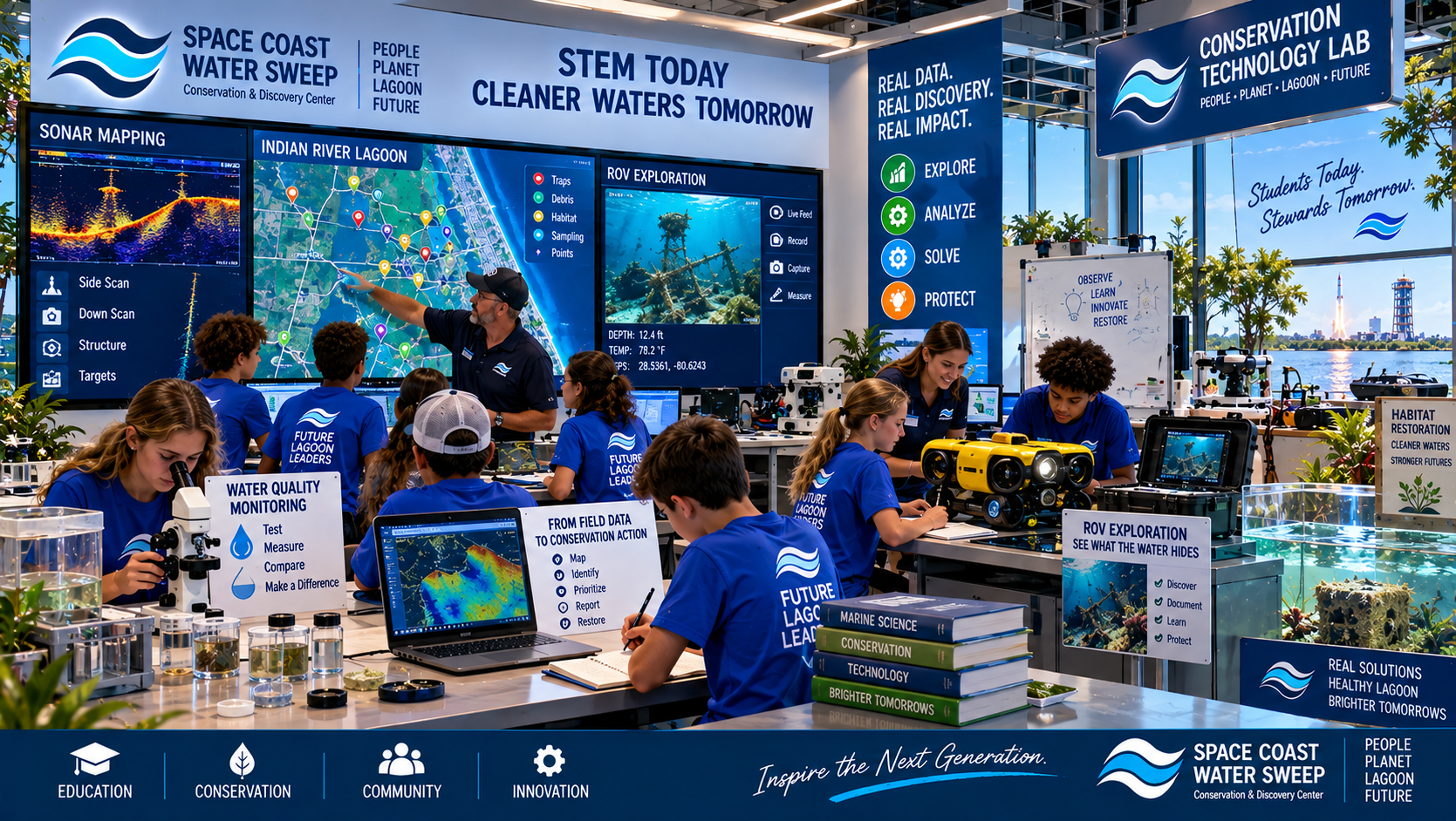 Conceptual STEM learning session with students using supervised sonar, ROV, mapping and environmental monitoring technology while instructors connect field observations to conservation data.