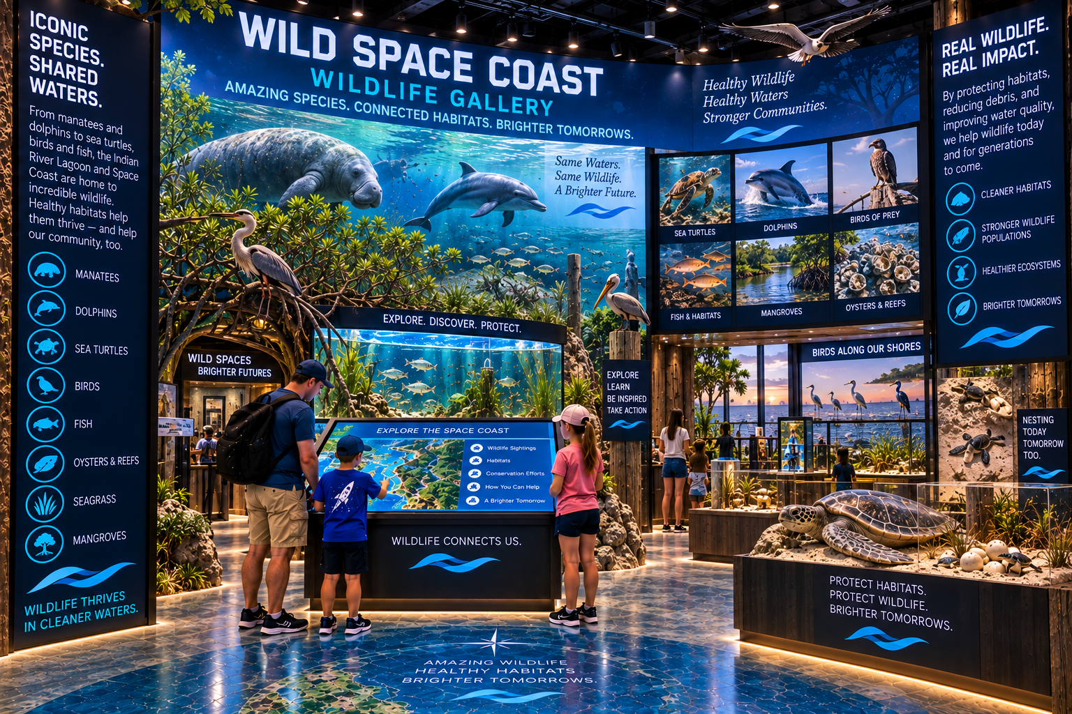 Large interactive wildlife and native-plant gallery featuring Lagoon fish, birds, mammals, reptiles, mangroves, seagrass, wetlands, oysters and other habitats with digital learning stations for different age levels.