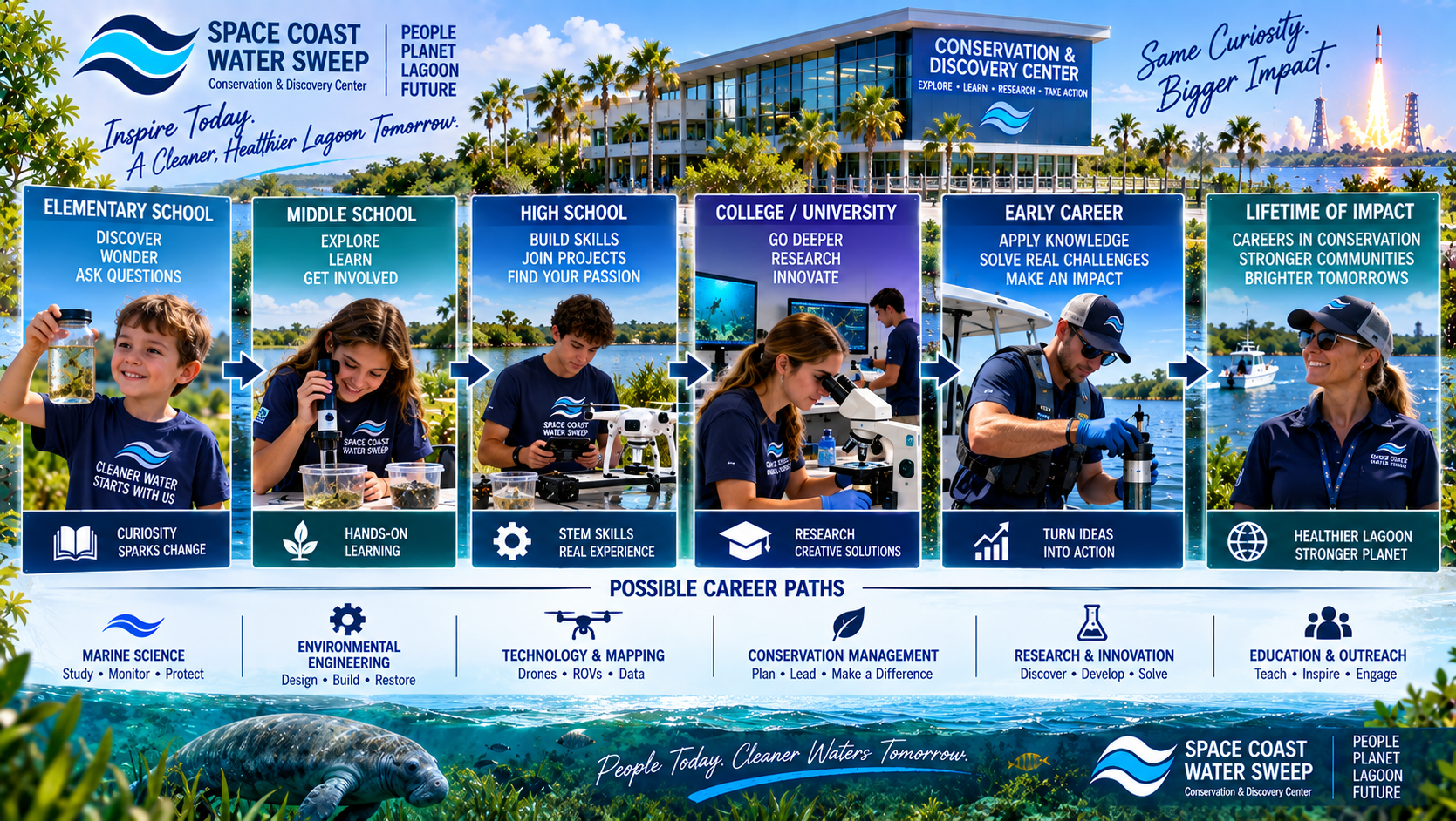 Conceptual conservation career pathway visualization showing a young student progressing into advanced STEM learning and eventually working in marine science, engineering, environmental technology or conservation.