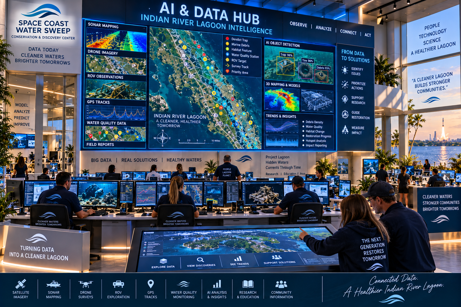 AI & Data Hub control center poster titled 'AI & Data Hub — Indian River Lagoon Intelligence' showing a multi-panel digital wall with geospatial data, a center satellite map with annotated points, AI object detection, 3D mapping models, and trends and insights panels.