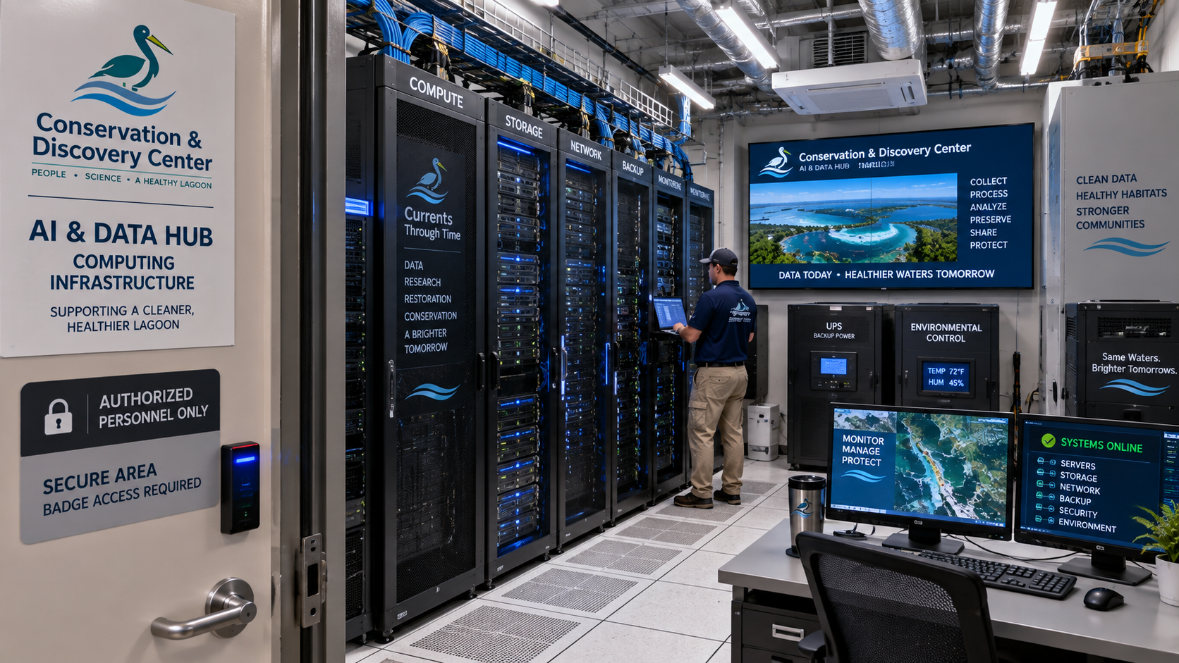 AI & Data Hub secure computing infrastructure room on the operations side of the Conservation & Discovery Center campus, with black server racks labeled compute, storage, network, and backup, environmental control cabinets, a monitoring workstation showing systems online, and badge-access controlled entrance.