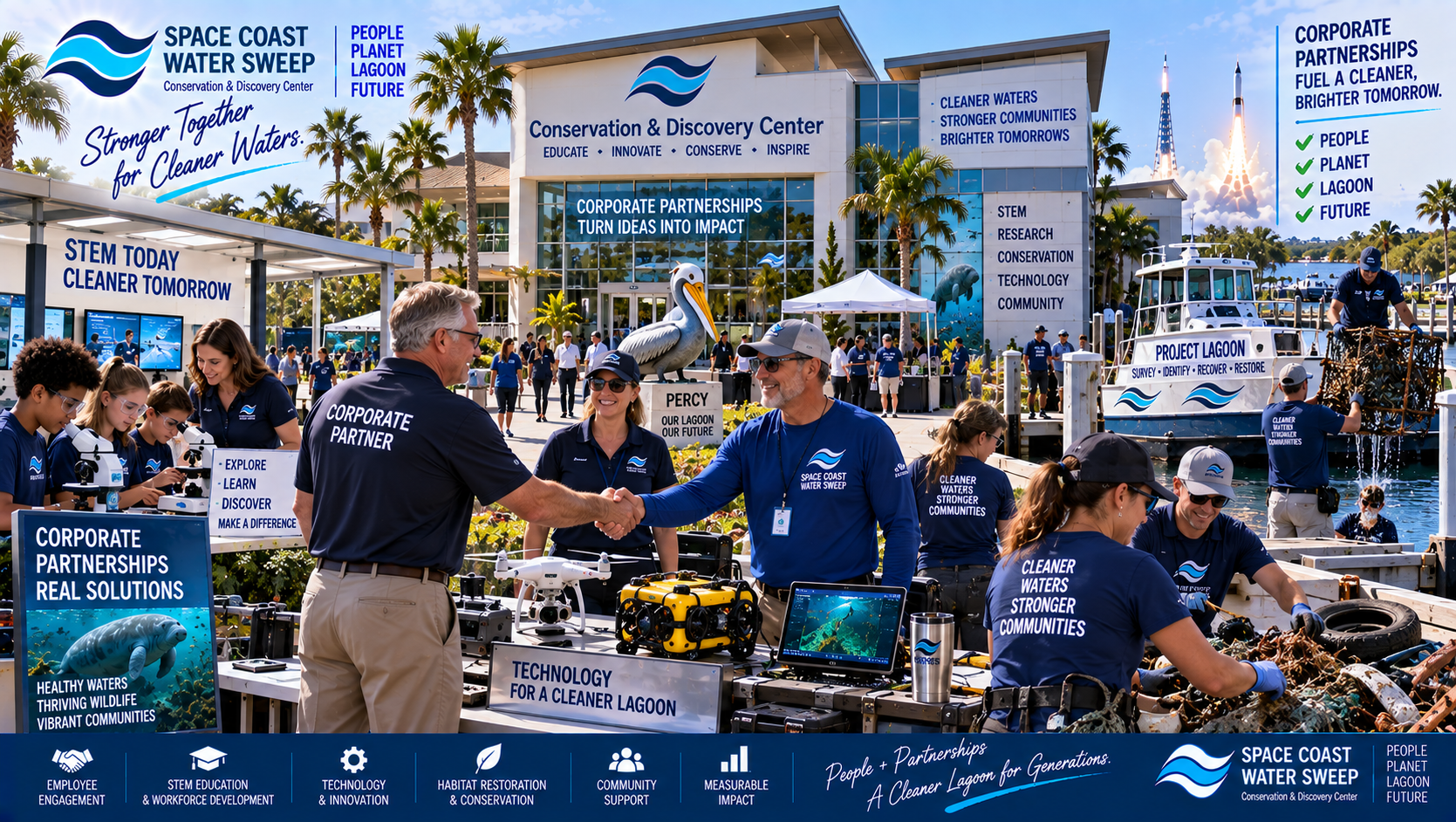 Conceptual corporate conservation partnership showing employees, technology specialists and community-support teams participating in STEM, Project Lagoon and conservation initiatives at the Center.