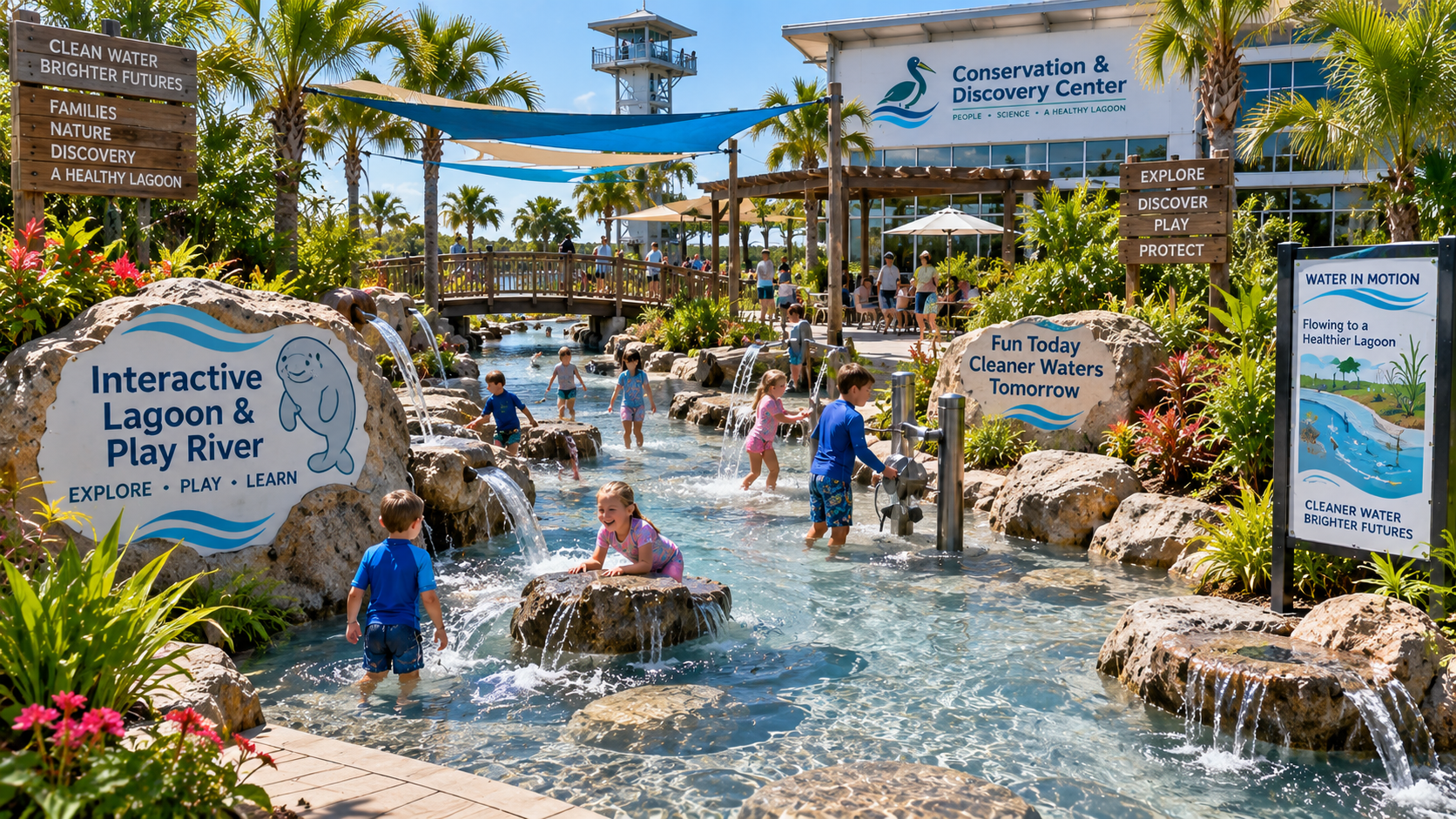 Conceptual Interactive Lagoon & Play River — a recreational family water experience at the Conservation & Discovery Center. Families and children enjoying a shallow, flowing play river with treated public-contact water, interactive water features, shaded areas and native landscaping. Clearly separate from the educational Waterscape and the Living Lagoon habitat. Bright, fun, family-friendly, but clearly a designed recreational water experience — not a splash pad or swimming pool. Exterior, daytime, lush Florida landscaping.