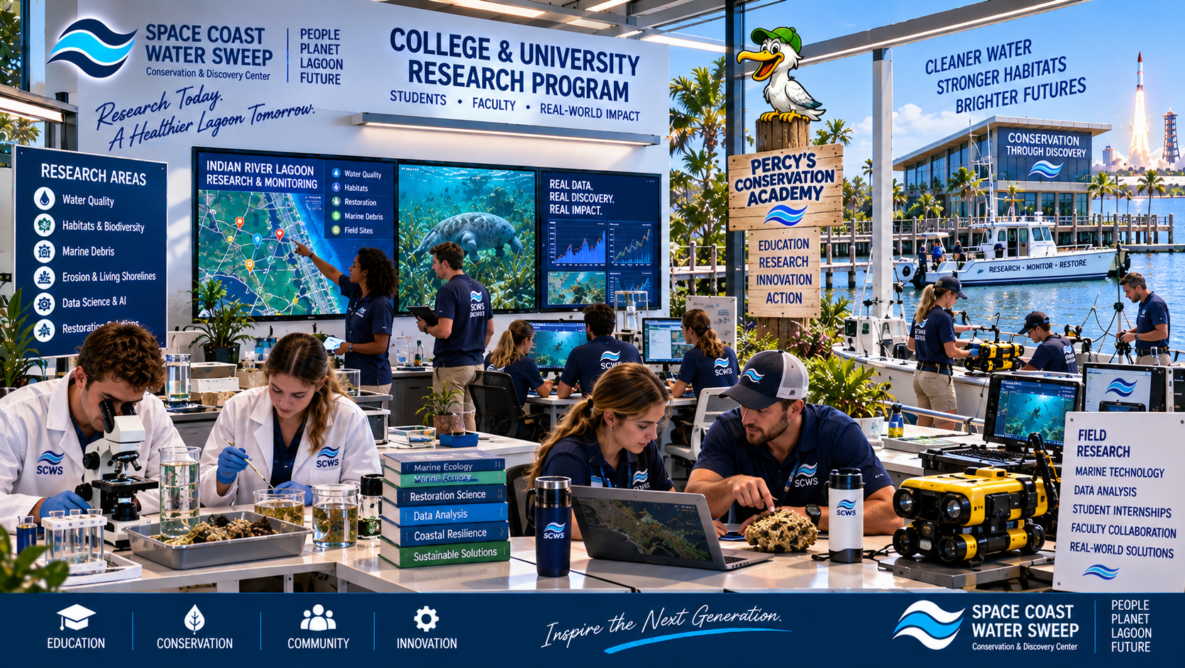 Conceptual college and university research program at the Conservation & Discovery Center with students and faculty conducting environmental research, data analysis and field studies connected to the Indian River Lagoon.