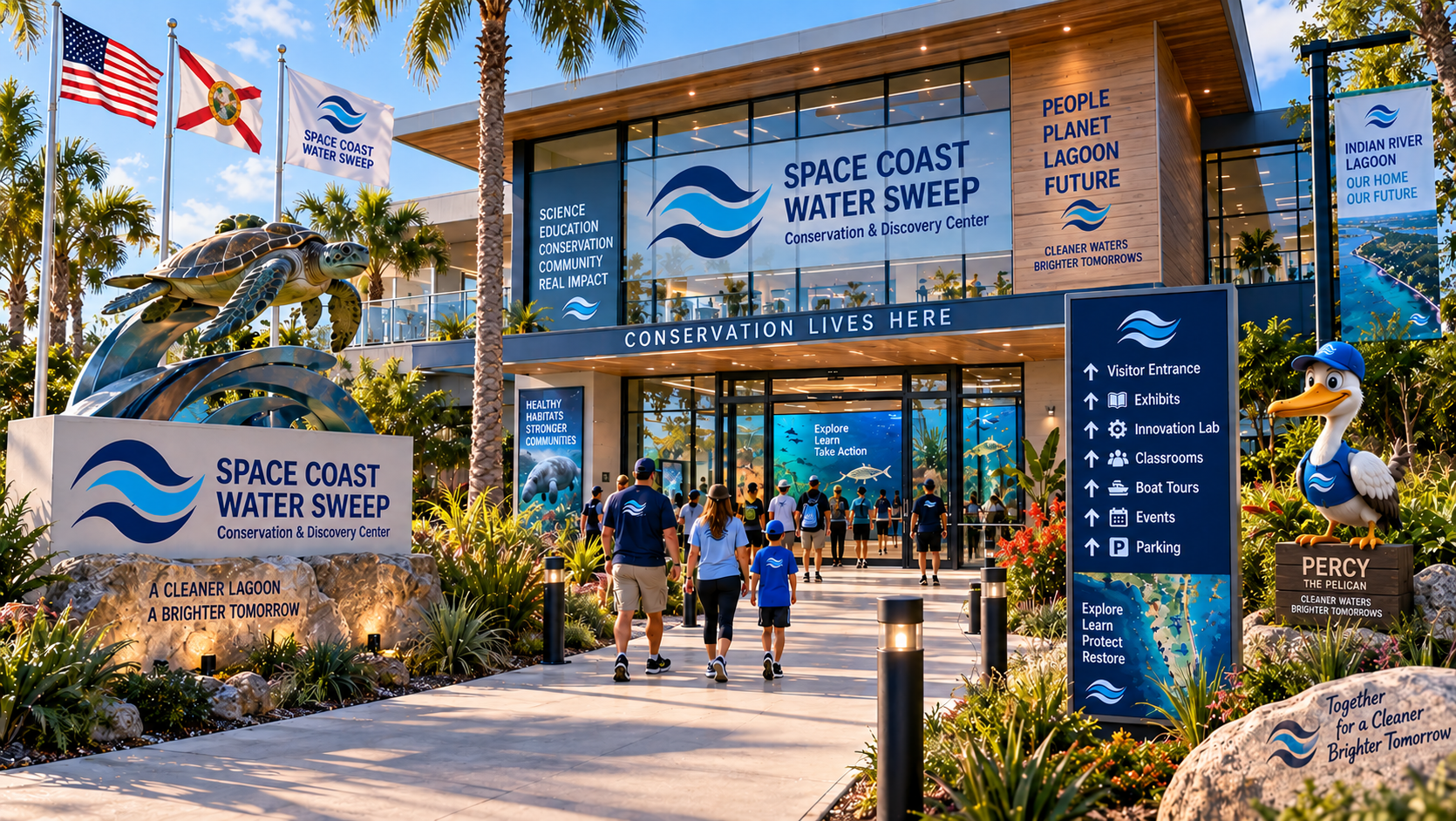 Conceptual exterior rendering of the public entrance to the Space Coast Water Sweep Conservation & Discovery Center, with a stone monument sign topped by a sea turtle sculpture, blue wayfinding totem, Percy the Pelican mascot statue, US and Florida flags, and a pedestrian approach leading to the glass-facade two-story visitor center.