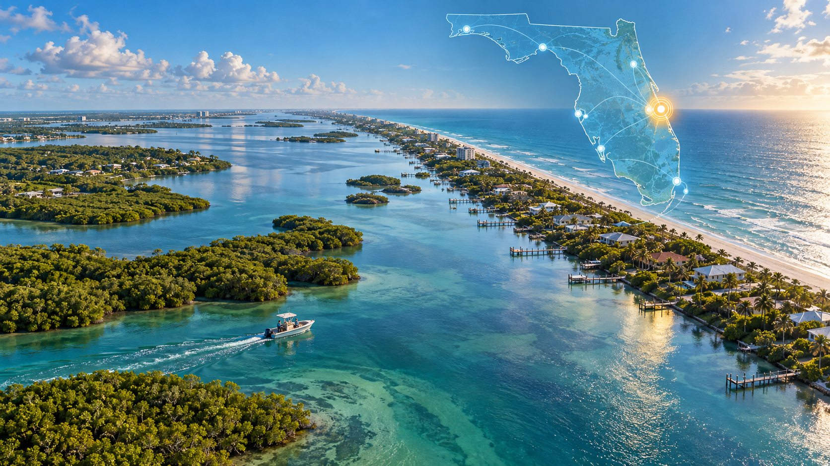 Aerial view of the Indian River Lagoon at golden hour — shallow turquoise water dotted with mangrove islands, a narrow barrier island with wooden docks, and the Atlantic Ocean beyond. A semi-transparent outline map of Florida floats over the scene with a glowing ring highlighting a point on the eastern coast, locating the Lagoon as the home of Space Coast Water Sweep.