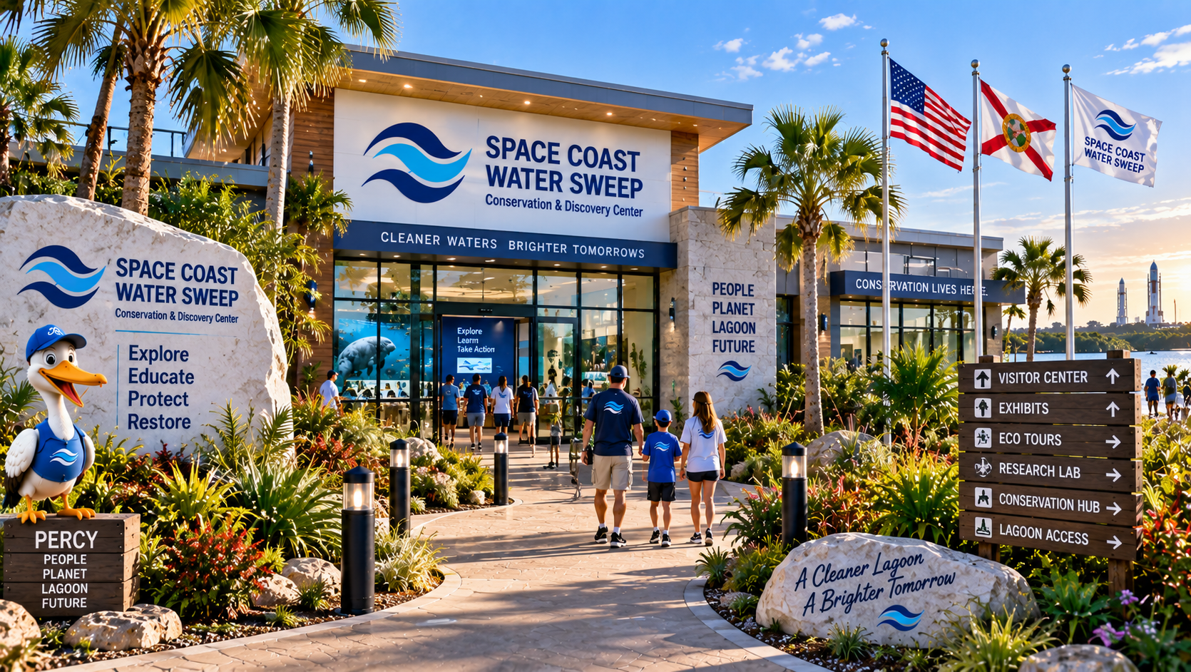 Conceptual entrance rendering of the Space Coast Water Sweep Conservation & Discovery Center, with Percy the Pelican mascot statue, wooden wayfinding signpost, US and Florida flags, and visitors approaching the glass-fronted visitor center entrance.