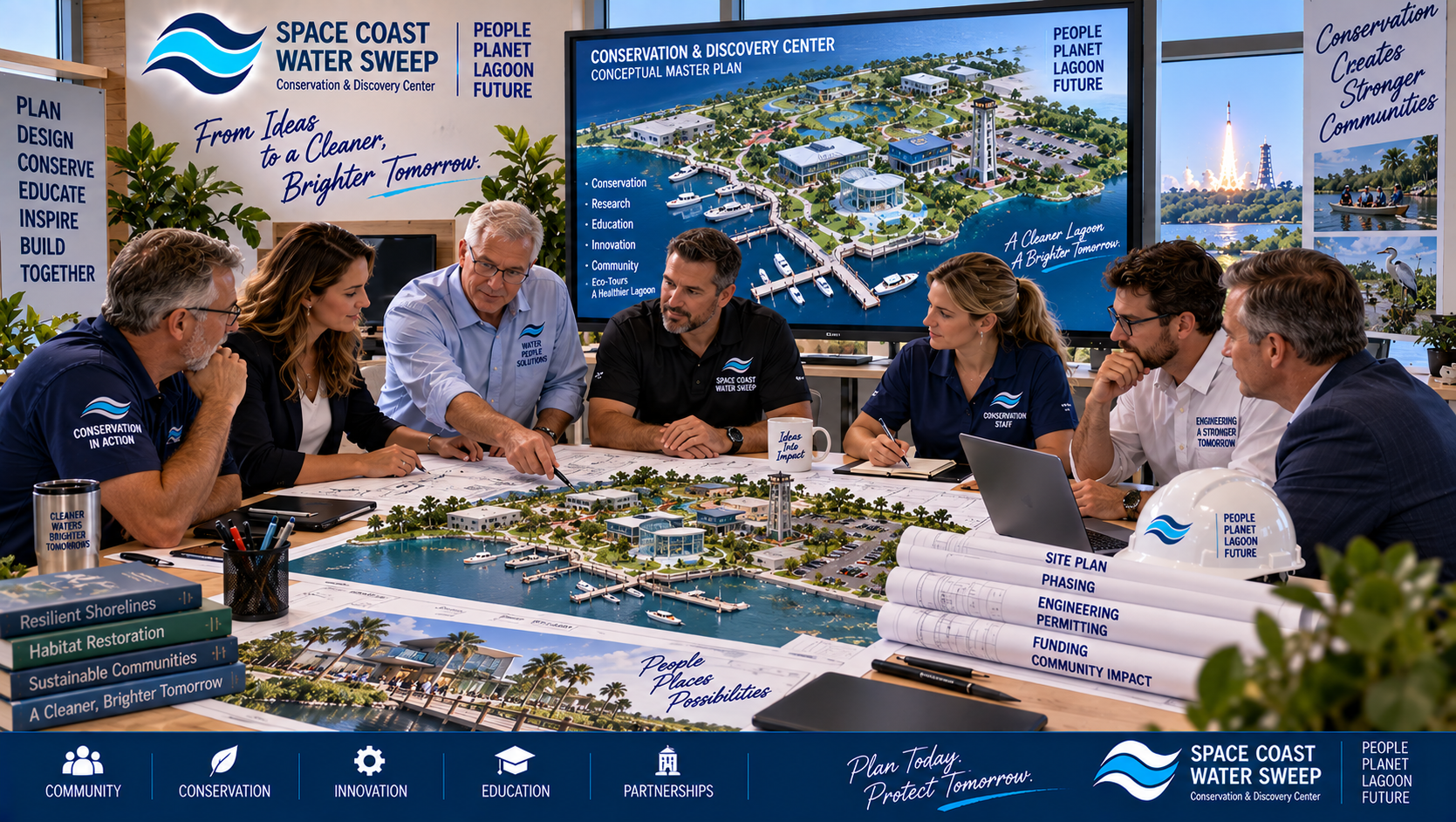 Conceptual planning table showing architects, engineers, conservation staff and development professionals reviewing a future Conservation & Discovery Center campus plan and waterfront design.