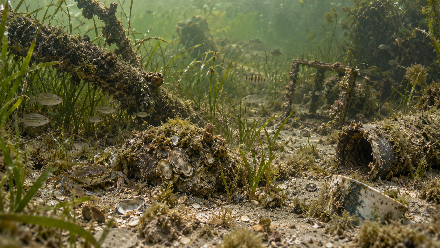 A realistic underwater area containing a mixture of natural bottom, vegetation and habitat, wildlife, naturally occurring material, human-made objects, and potentially ambiguous objects. The visitor should understand that identifying something underwater can be complicated — not everything detected should be removed.