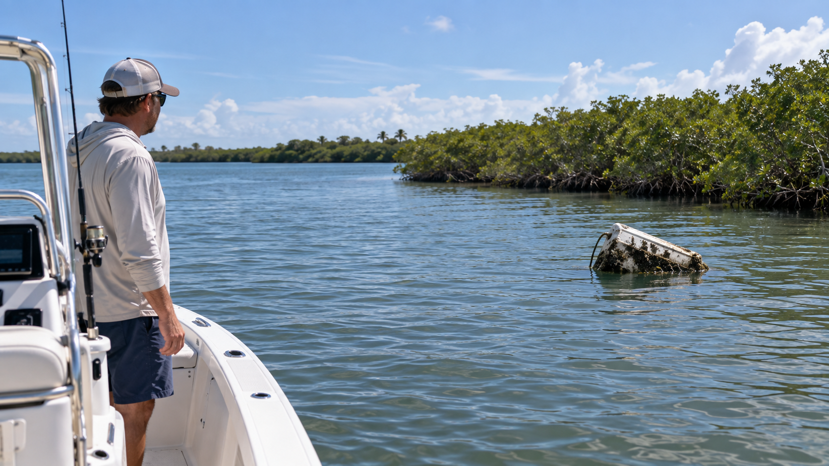 A recreational boater on a center-console fishing boat observing a weathered, algae-covered derelict fishing trap partially submerged in the lagoon water. He stands relaxed at the console, looking toward the object without retrieving it, with a mangrove shoreline under a blue sky behind.