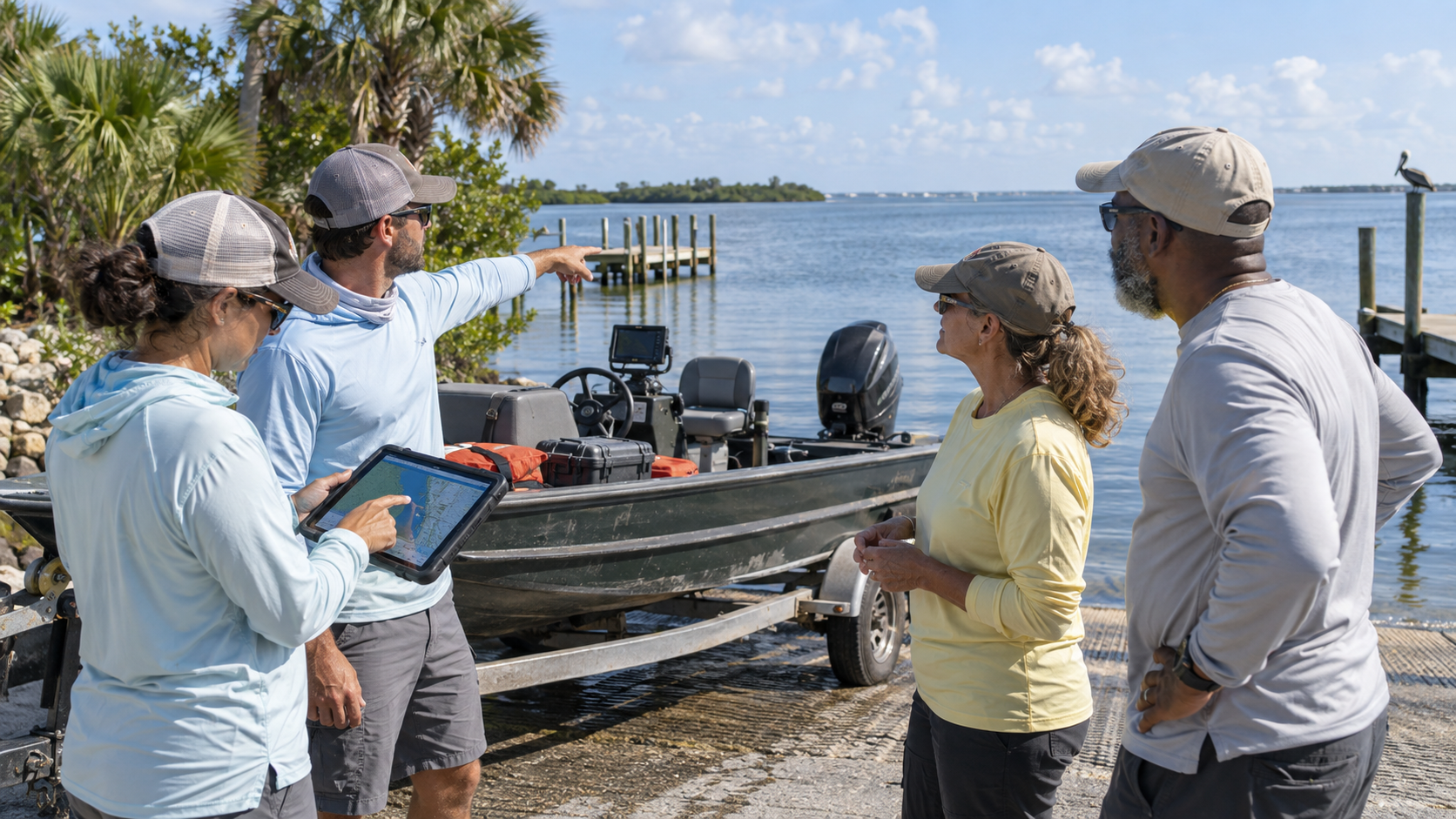 Four-person Project Lagoon team conducting a pre-deployment briefing around the survey boat on its trailer at the boat ramp, reviewing the mission plan on a tablet
