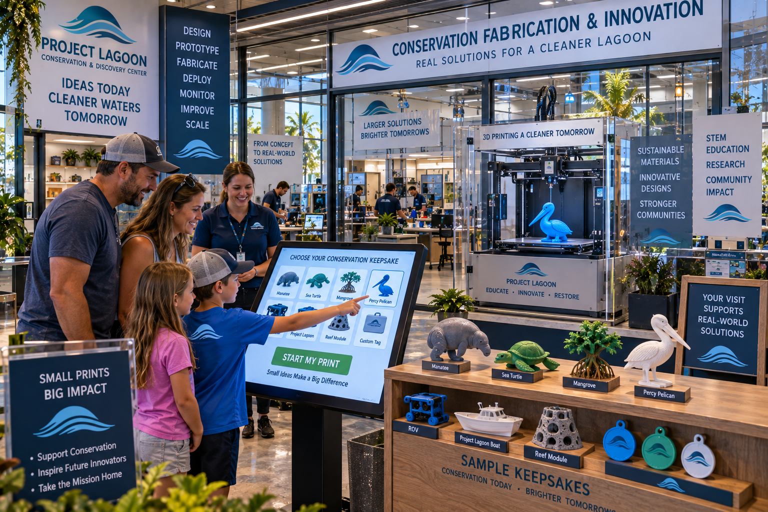 Conservation Fabrication & Innovation 3D printing kiosk — a family selects a conservation keepsake (Manatee, Sea Turtle, Mangrove, Percy Pelican, ROV, Project Lagoon vessel, Reef Module, or Custom Tag) at a touchscreen interface while an enclosed professional 3D printer produces the selected object, with sample keepsakes displayed on a wooden pedestal.