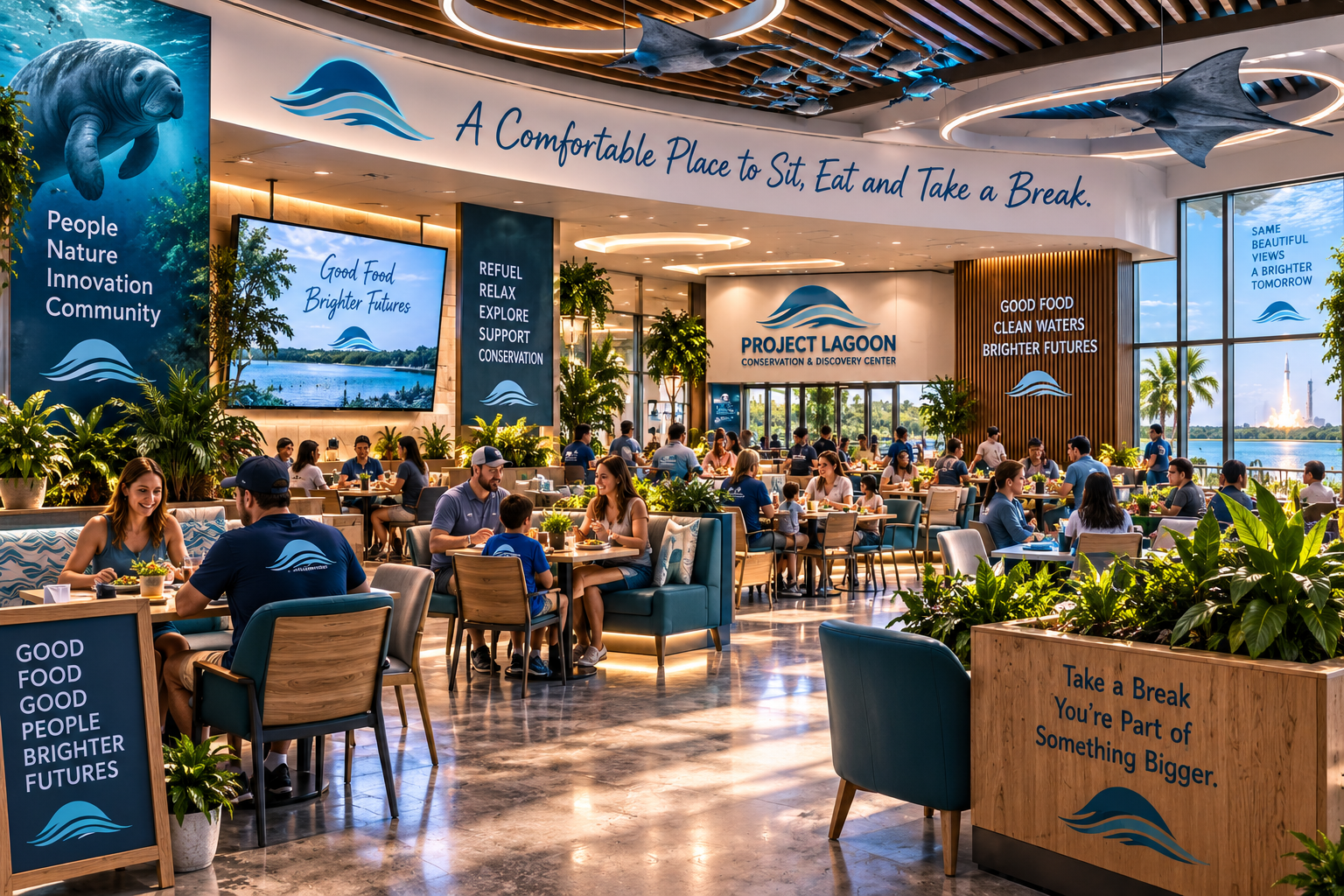 Conceptual rendering of the Indoor Family Dining Commons at the Conservation & Discovery Center — a bright, open-concept air-conditioned dining hall with a curved overhead banner reading 'A Comfortable Place to Sit, Eat and Take a Break,' suspended stingray sculptures, Project Lagoon wave-logo branding on the back wall, teal upholstered bench and chair seating with wooden tables, lush indoor planters, a manatee mural panel reading 'People, Nature, Innovation, Community,' a digital 'Good Food, Brighter Futures' screen, floor-to-ceiling windows with a waterfront and rocket-launch view, and A-frame and planter signage with conservation messaging.