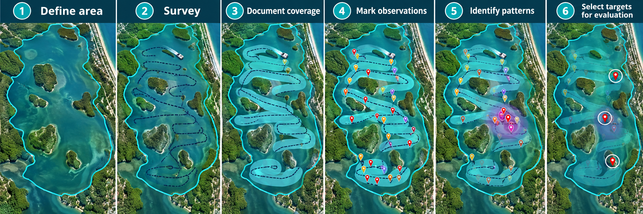 Same conceptual survey area brought together: Define area → Survey → Document coverage → Mark observations → Identify patterns → Select targets for further evaluation. The flow STOPS at selecting targets for evaluation — it does not proceed directly to recovery. Survey first; recovery comes later if recovery is the responsible decision.