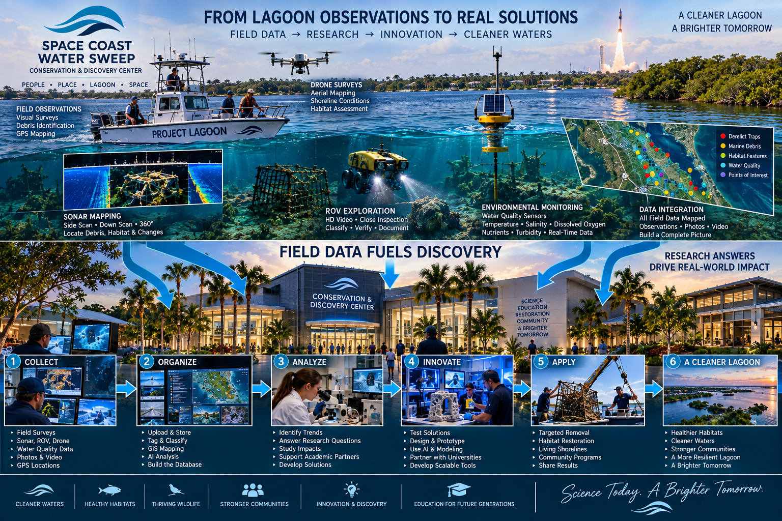 Research-to-impact poster titled 'From Lagoon Observations to Real Solutions' showing field observation methods, the Conservation & Discovery Center building, and a six-step workflow from Collect through A Cleaner Lagoon.