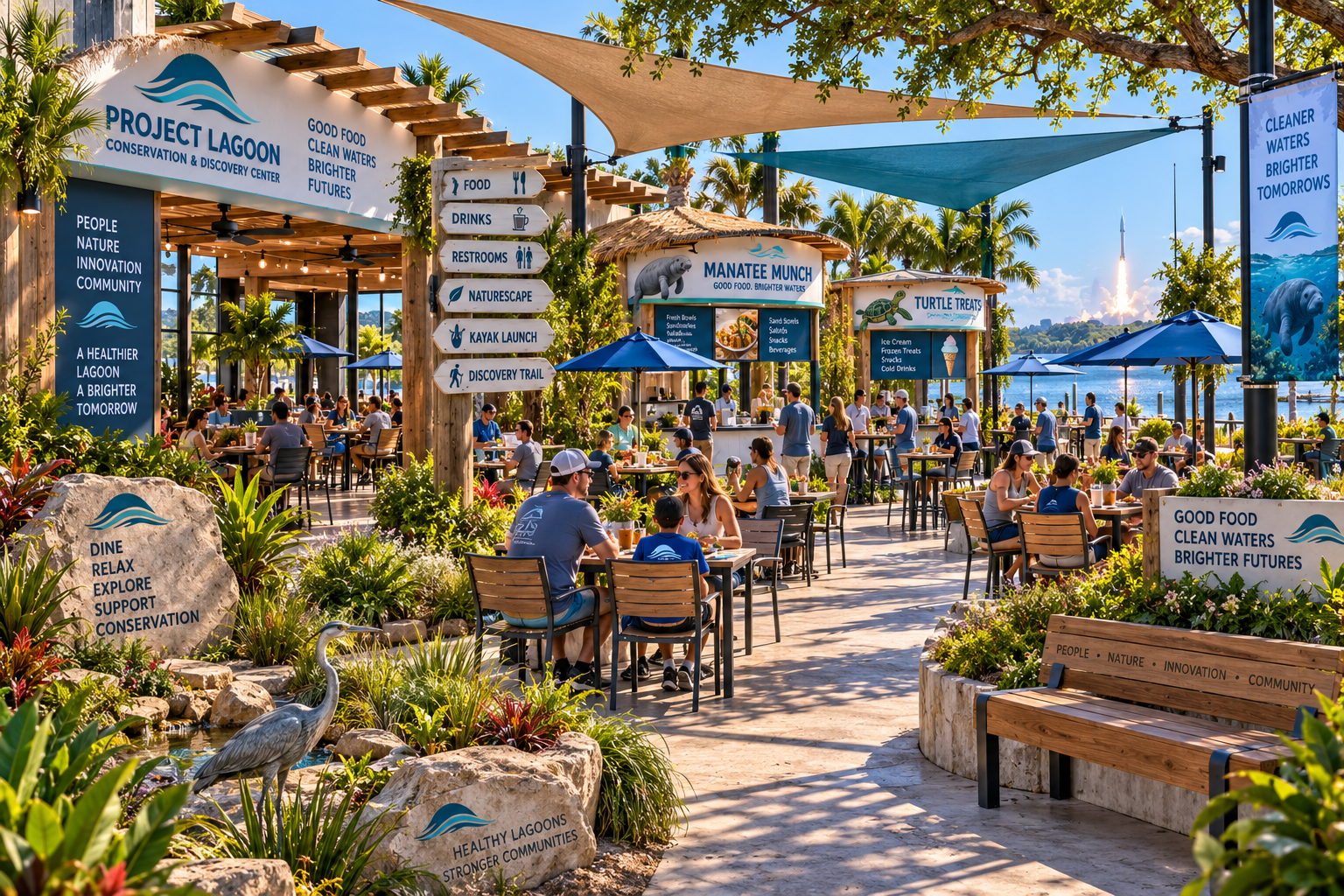 Conceptual rendering of the landscaped outdoor dining and gathering area at the Conservation & Discovery Center — an open-air plaza integrated with NatureScape, featuring a Project Lagoon entrance structure with 'Good Food, Clean Waters, Brighter Futures' signage, a directional post pointing to Food, Drinks, Restrooms, NatureScape, Kayak Launch and Discovery Trail, two thatched-roof kiosks (Manatee Munch with fresh bowls, sandwiches, salads, snacks and beverages, and Turtle Treats with ice cream, frozen treats and cold drinks), tan sail-cloth sunshades over metal and wood dining tables, a heron statue water feature, native landscaping, engraved benches reading 'People, Nature, Innovation, Community,' and a waterfront view with a rocket launch in the distance.