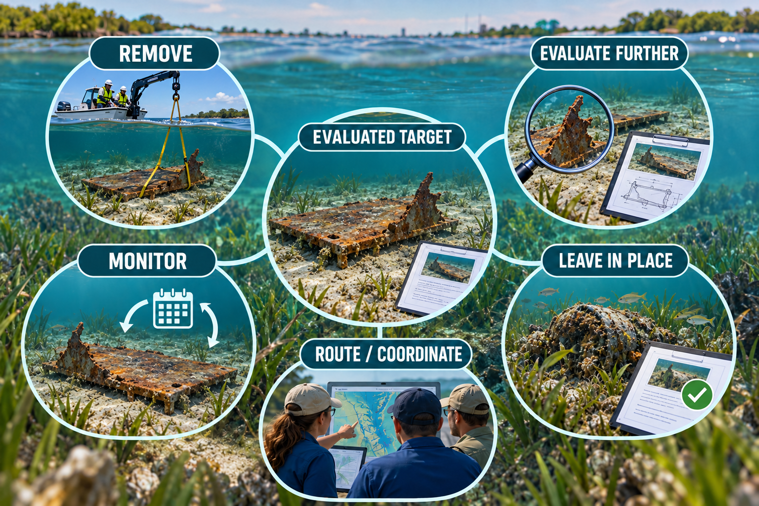 Same conceptual submerged target with clear decision branches after evaluation: REMOVE, EVALUATE FURTHER, MONITOR, ROUTE/COORDINATE, and LEAVE IN PLACE. Presented as parallel pathways — not rankings. A documented decision to leave something in place is shown as a valid responsible conservation outcome, not as SCWS ignoring the target.