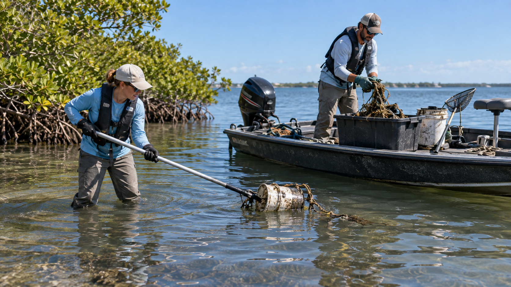 Project Lagoon crew recovering debris from shallow mangrove water — one team member wading with a grabber pole to lift a submerged bucket while another organizes tangled rope on the boat