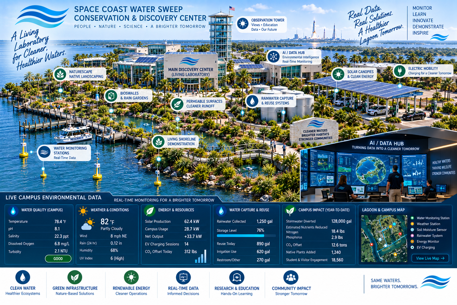 Master living laboratory dashboard for the Conservation & Discovery Center campus — a panoramic hero view with interactive hotspots for the Observation Tower, AI/Data Hub, Solar Canopies, Electric Mobility, Rainwater Capture, Permeable Surfaces, Bioswales, NatureScape, Living Shoreline and Water Monitoring Stations, a live campus environmental data grid (Water Quality, Weather & Conditions, Energy & Resources, Water Capture & Reuse, Campus Impact Year-to-Date, Lagoon & Campus Map), and footer pillars for Clean Water, Green Infrastructure, Renewable Energy, Real-Time Data, Research & Education and Community Impact — branded 'A Living Laboratory for Cleaner, Healthier Waters' and 'Same Waters. Brighter Tomorrows.'