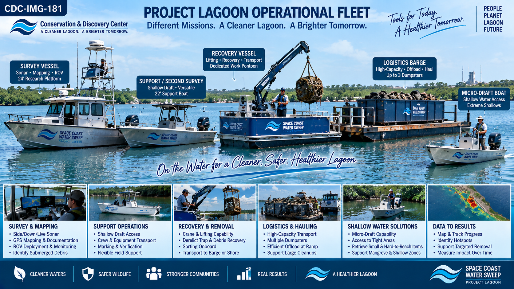Project Lagoon Operational Fleet infographic showing five vessels on the lagoon — Survey Vessel (sonar, mapping, ROV, 24-foot research platform), Support/Second Survey (shallow draft, versatile, 22-foot support boat), Recovery Vessel (lifting, recovery, transport, dedicated work pontoon), Logistics Barge (high-capacity, offload, haul, up to 3 dumpsters), and Micro-Draft Boat (shallow water access, extreme shallows). Mission breakdown cards: Survey & Mapping, Support Operations, Recovery & Removal, Logistics & Hauling, Shallow Water Solutions, and Data to Results. Branded Space Coast Water Sweep — Cleaner Waters, Safer Wildlife, Stronger Communities, Real Results.
