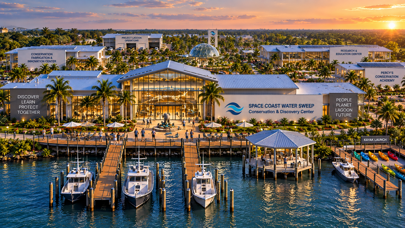 Conceptual aerial rendering of the Space Coast Water Sweep Conservation & Discovery Center at sunset, showing the central glass hall, waterfront marina with docks and boats, kayak launch, and surrounding campus buildings.