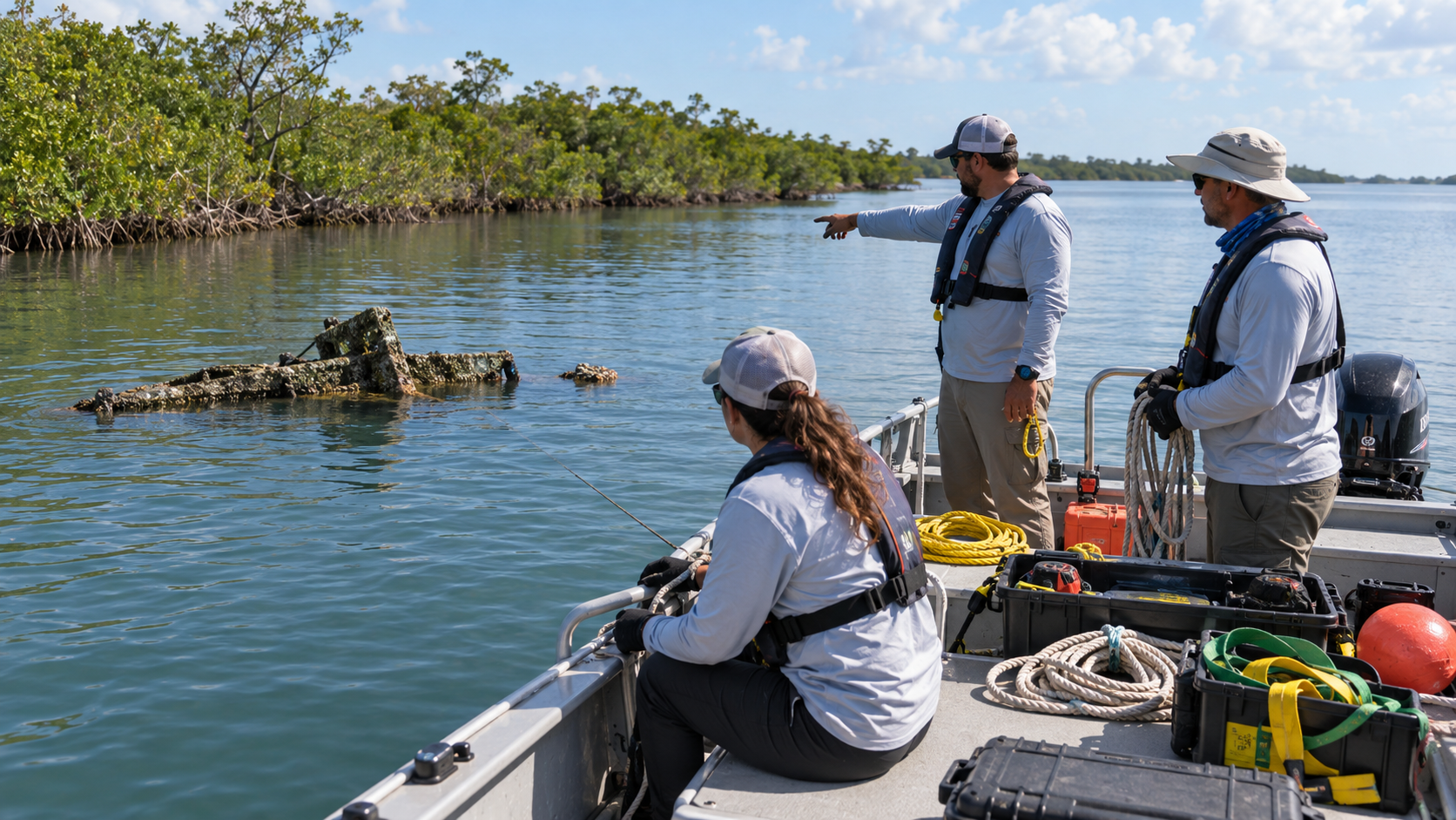 Three SCWS field crew members aboard an aluminum work boat in the Indian River Lagoon, prepared for a safe recovery operation — a woman in a cap and life vest holding a line toward a partially submerged structure, a man pointing toward the object to coordinate the team's attention, and a man in a wide-brim sun hat handling a coiled white rope with gloved hands. Yellow and white rope, black gear crates, an orange equipment case, and a bright orange buoy are stowed aboard. Calm blue-green lagoon water, dense mangrove shoreline, and a bright blue sky frame the scene. The crew is equipped, positioned, and aware of their surroundings — knowing when not to proceed is part of a safe recovery decision.