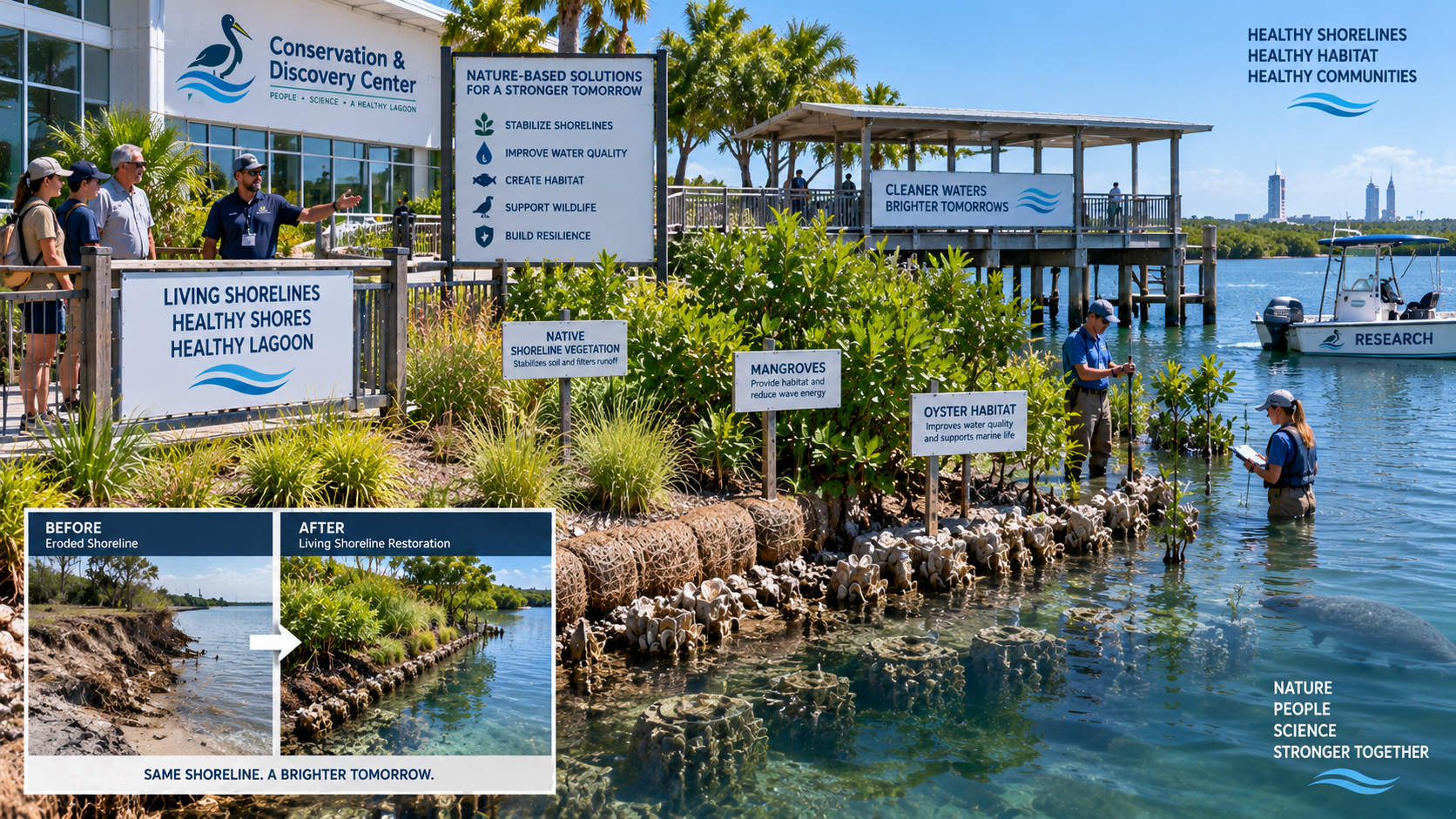 Living shoreline demonstration at the Conservation & Discovery Center — nature-based solutions showing native shoreline vegetation, mangroves, oyster habitat structures, researchers in waders, and a before/after comparison of eroded shoreline transformed into a restored living shoreline.