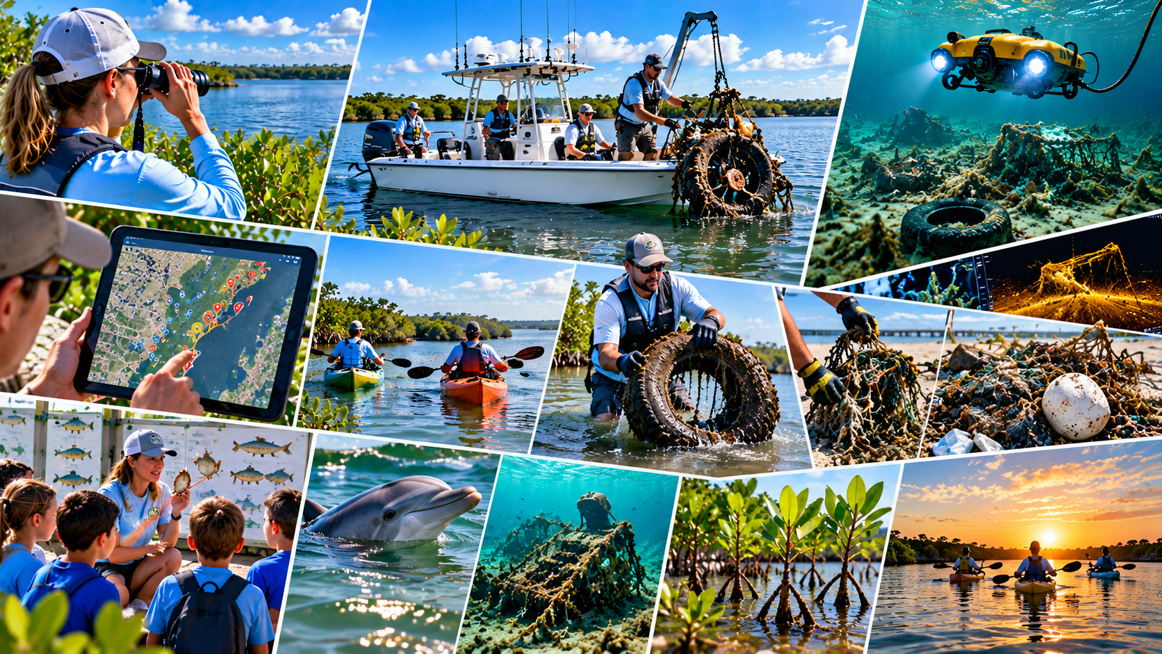 Discover SCWS — Explore On Your Own. A multi-panel collage showing the breadth of SCWS activities: observation, mapping, boats, technology, ROV, education, wildlife, habitat restoration, kayaking, and marine-debris recovery.