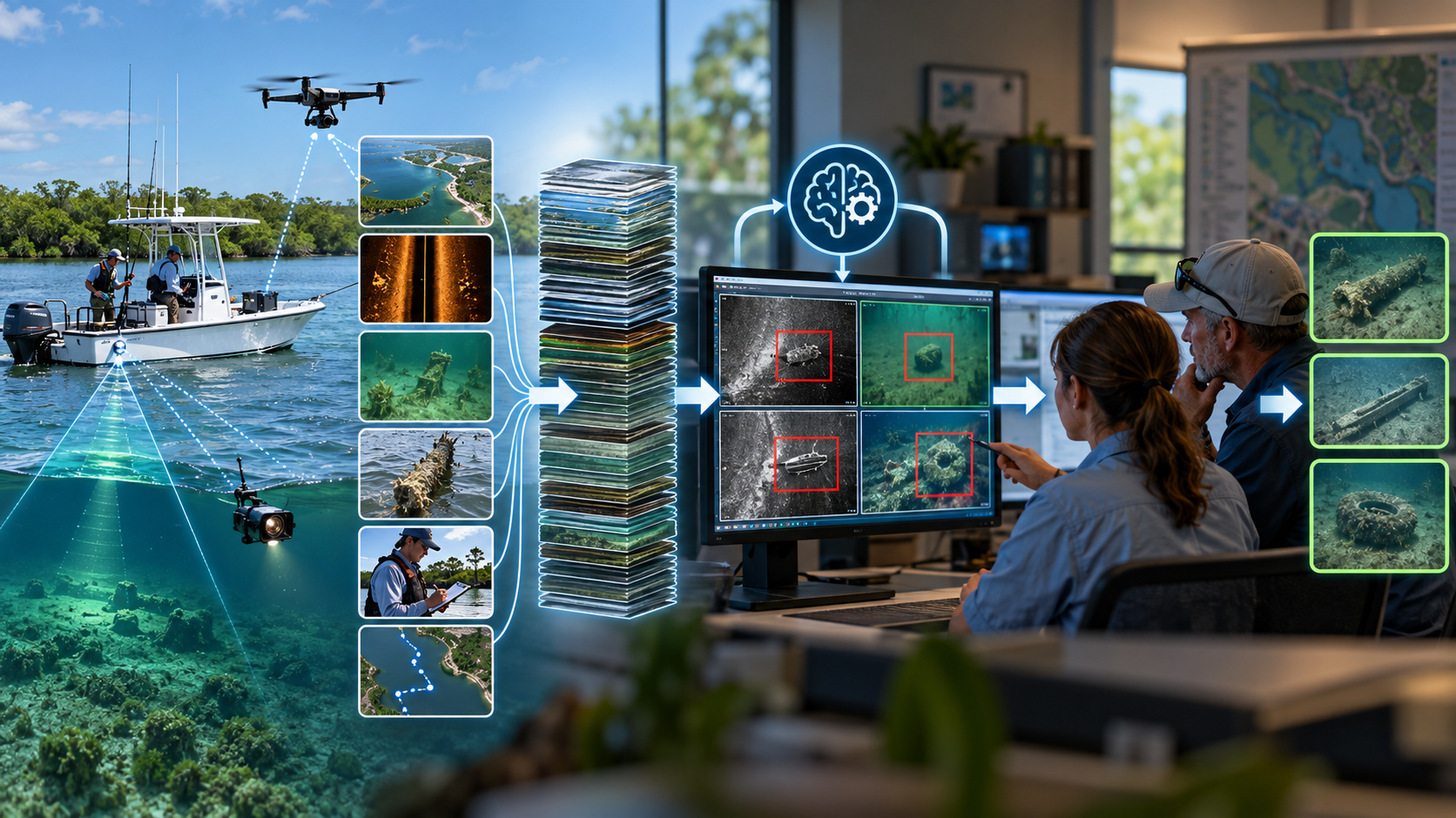 AI-assisted review workflow infographic for Chapter 11. Left: an SCWS survey boat on a calm lagoon waterway with a drone overhead and a tethered underwater sensor emitting a sonar cone toward the seagrass-covered seabed, while six data-preview snapshots stack vertically beside the boat — an aerial coastline, a monochrome sonar scan, submerged debris, a cylindrical metal object on the seabed, a crew member with a clipboard, and an aerial map with a navigation path. Center: the six snapshots feed into a glowing 3D-rendered stack of many images representing a processed data batch, topped by a cyan neon brain-and-gear icon symbolizing AI-assisted analysis. Right: two reviewers at a monitor displaying a four-quadrant grid of sonar and underwater video feeds with red bounding boxes flagging detected objects, while three green-outlined result snapshots show a submerged metal beam, an elongated structure on sand, and a tire on the seafloor. Flow: SURVEY → LARGE VOLUME OF IMAGERY/DATA → AI-ASSISTED REVIEW → POTENTIAL OBJECTS FLAGGED → HUMAN REVIEW → POTENTIAL TARGETS. Conceptual future workflow — does not claim the entire workflow is already operational.