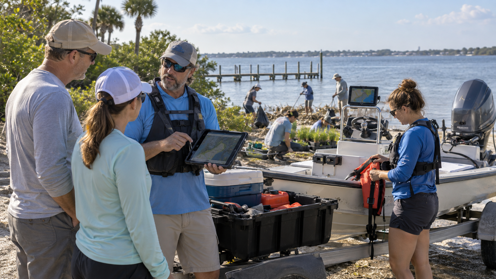 Field team briefing with a ruggedized tablet map beside a survey skiff on a trailer at a sandy lagoon shoreline, with mangrove planting work underway in the distance
