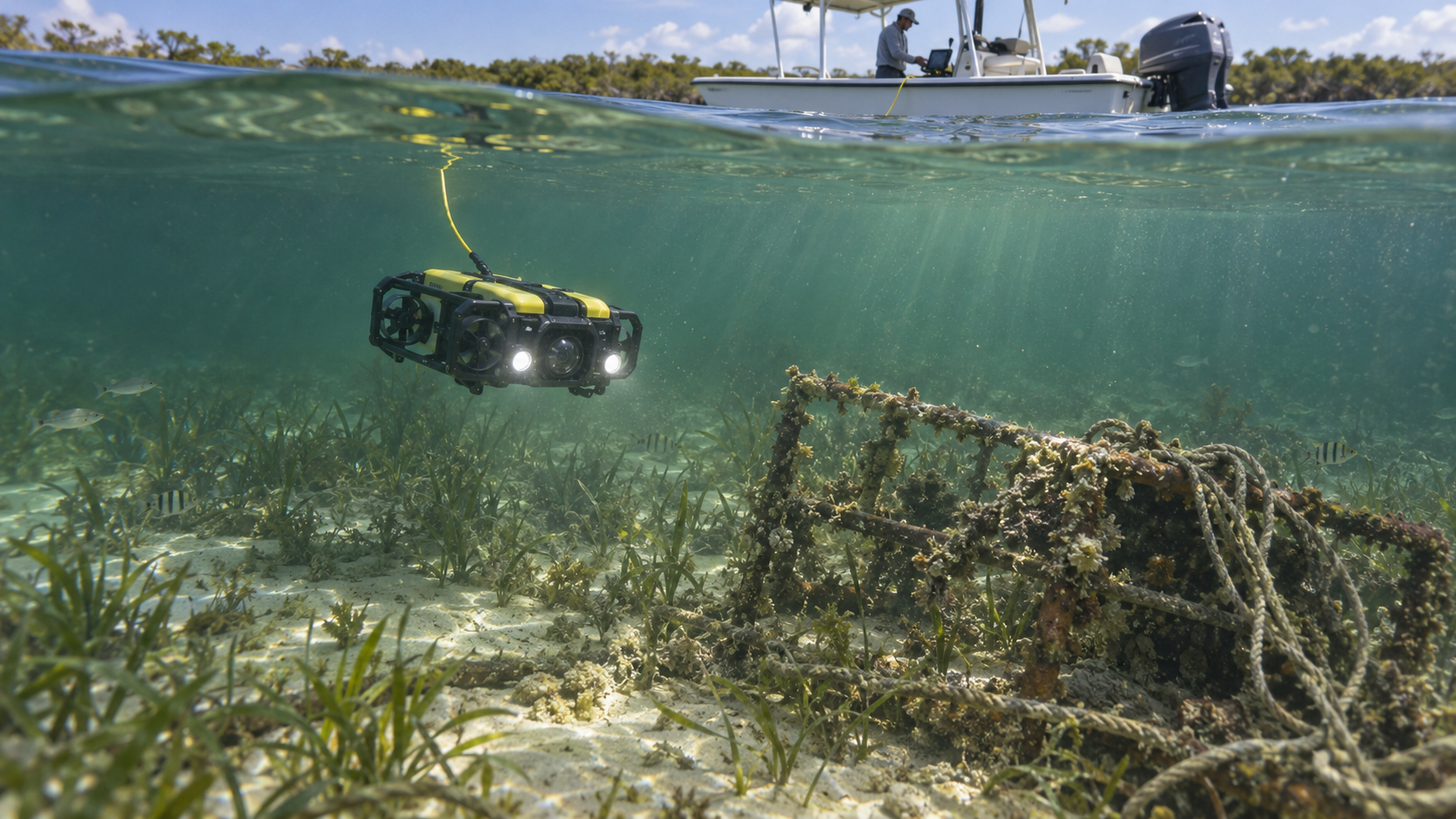 Split-view of yellow ROV with LED floodlights inspecting an encrusted metal trap on the seafloor while the survey boat floats above on the lagoon surface