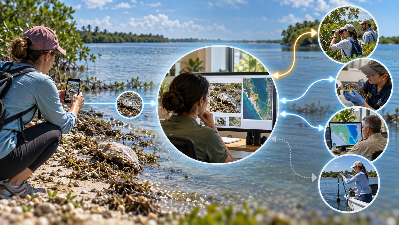 Circular conservation workflow diagram over a blurred shoreline — center shows a woman at a desk reviewing a GIS coastal map with an orange pin and field-photo thumbnails on her monitor, surrounded by smaller circular insets connected by arrows: a person photographing shoreline debris with a phone, a researcher surveying mangroves with binoculars, a handler in gloves assessing a sea turtle, an analyst studying topographic terrain data on a computer, and a boater lowering a sensor pole into the water. Illustrates how field observations and sensor measurements converge into a shared central record.