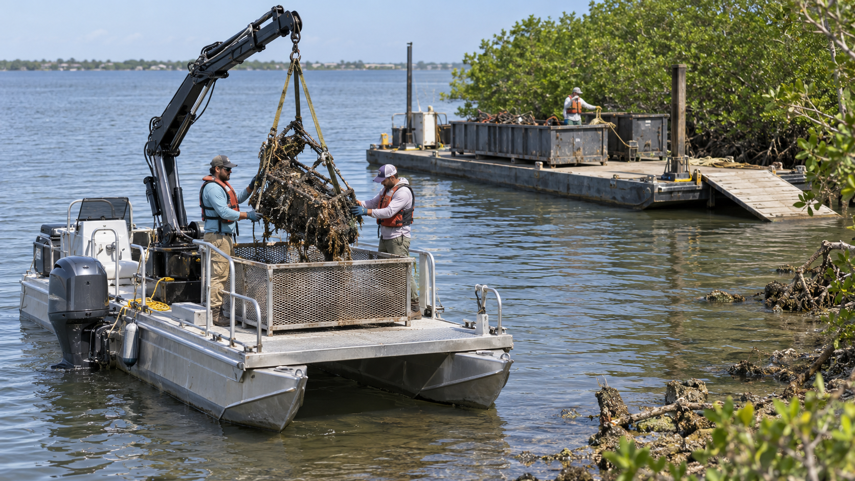 Concept of future Project Lagoon recovery equipment — a pontoon work boat with hydraulic crane lifting a tangled debris bundle, alongside a flat-decked work barge with debris containers and loading ramp near a mangrove shoreline