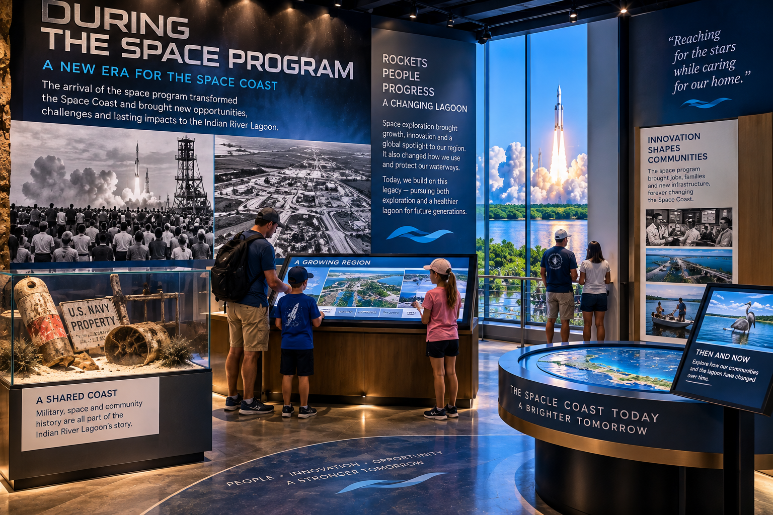 Digital regional-history gallery combining historic Brevard communities, families, fishing, citrus/agriculture, local businesses, workers and regional growth through photographs, maps, oral-history style displays and interactive exhibits.