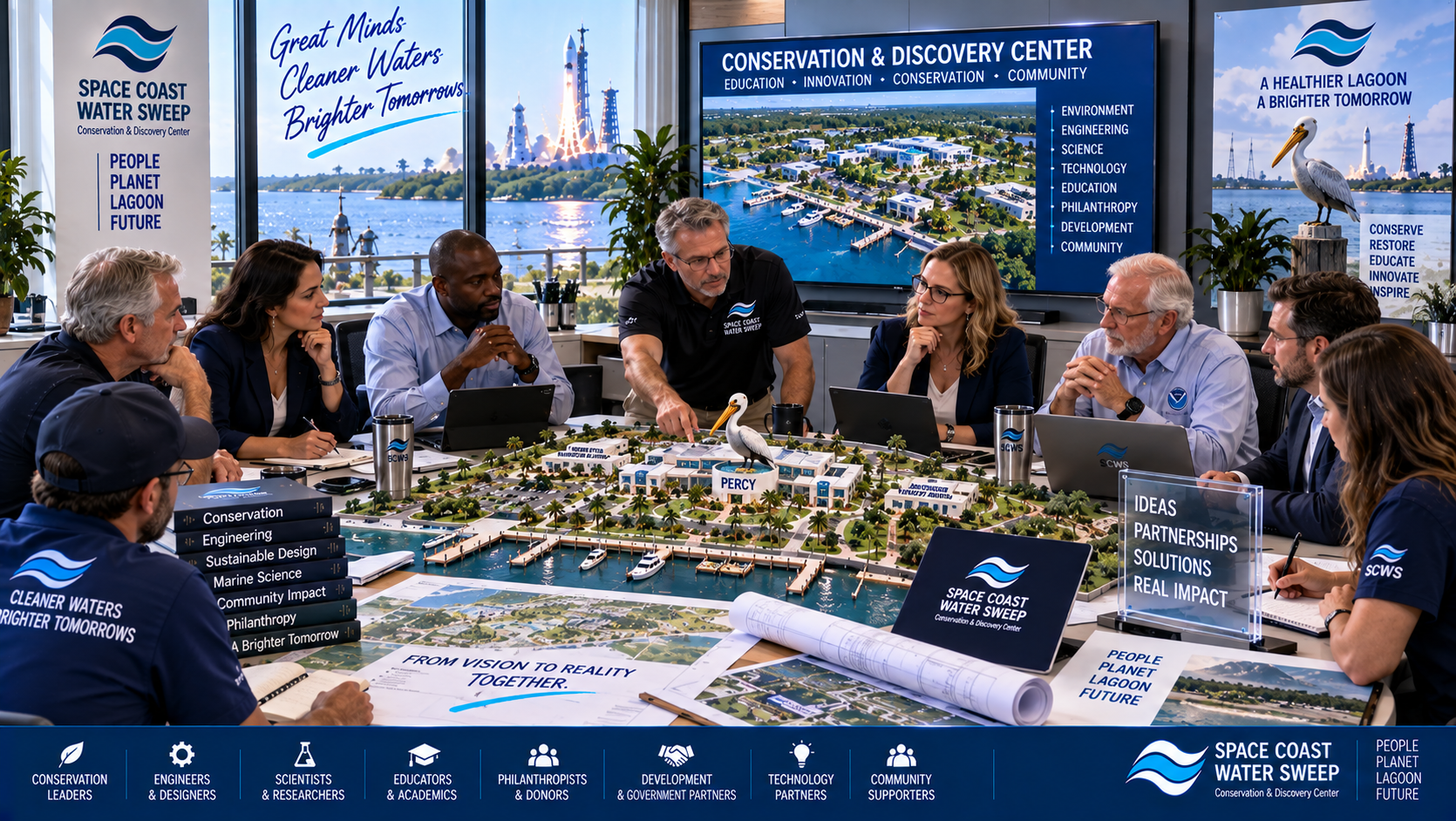 Conceptual advisory discussion with experienced professionals in conservation, engineering, philanthropy, development, education, science and technology helping shape the future Center.