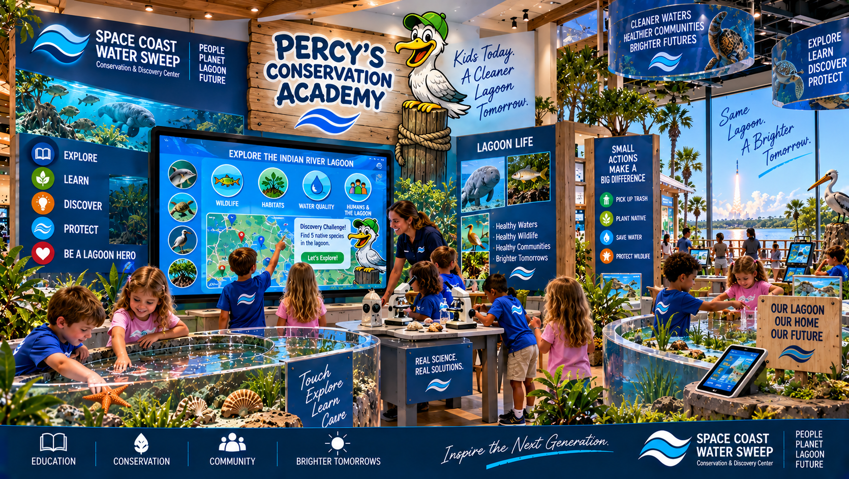 Conceptual early-learning conservation experience with young children and families exploring interactive Indian River Lagoon exhibits, native wildlife interpretation and hands-on water demonstrations at the Conservation & Discovery Center.