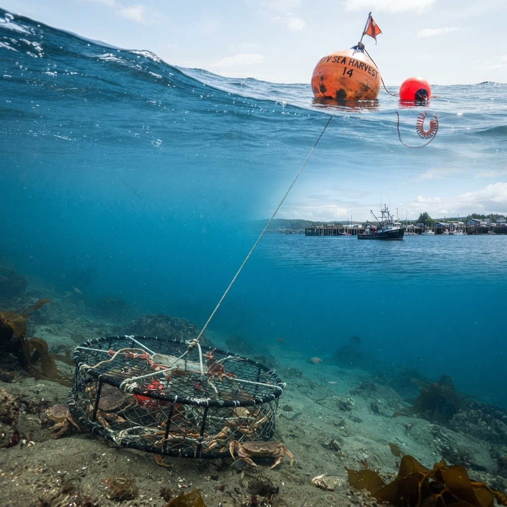 Commercial fishing trap with surface and recovery buoys in the water