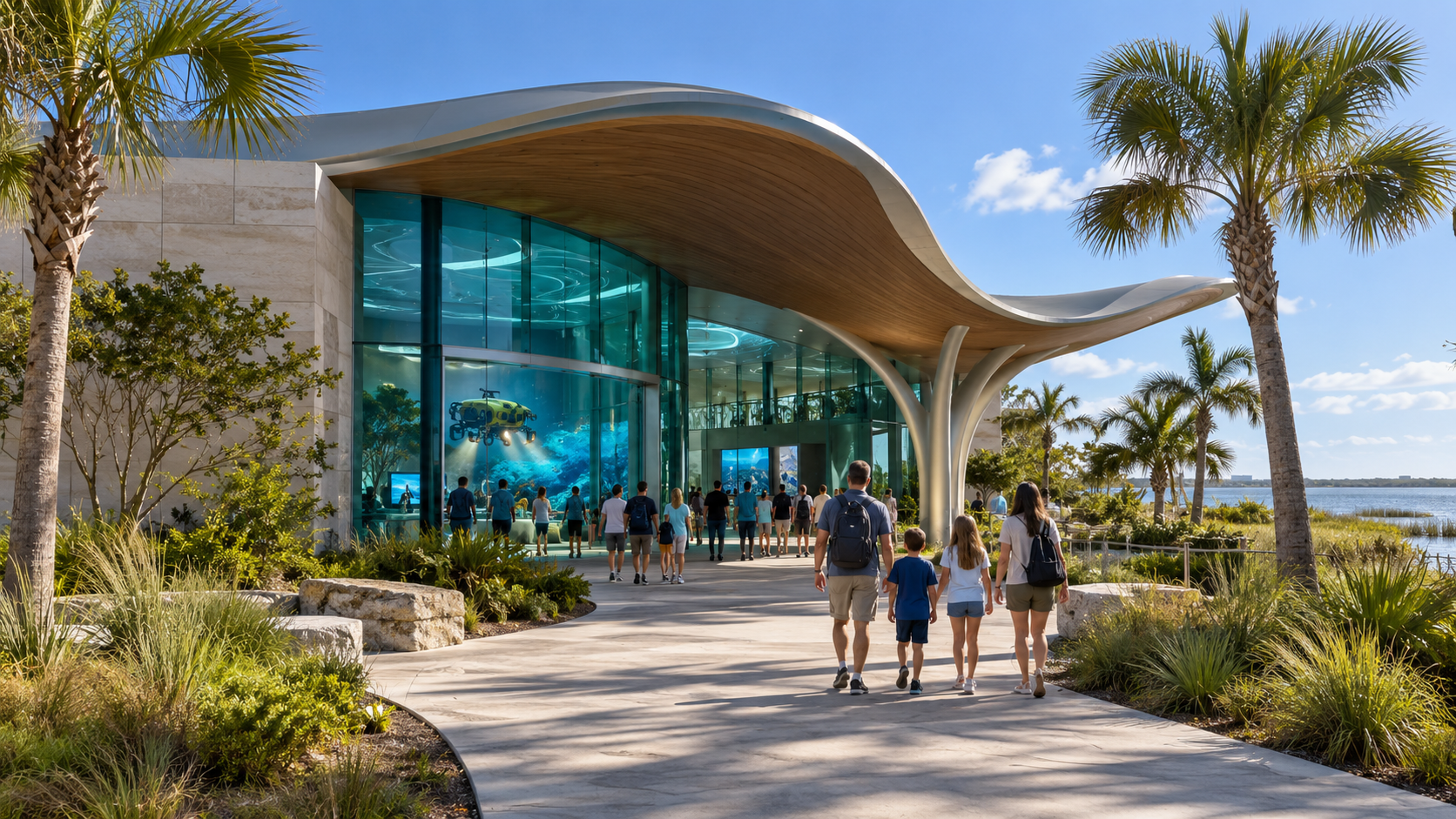 Conceptual Conservation & Discovery Center exterior with sweeping wood-clad roof, glass facade revealing a suspended AUV in an underwater exhibit, and a family approaching the entrance