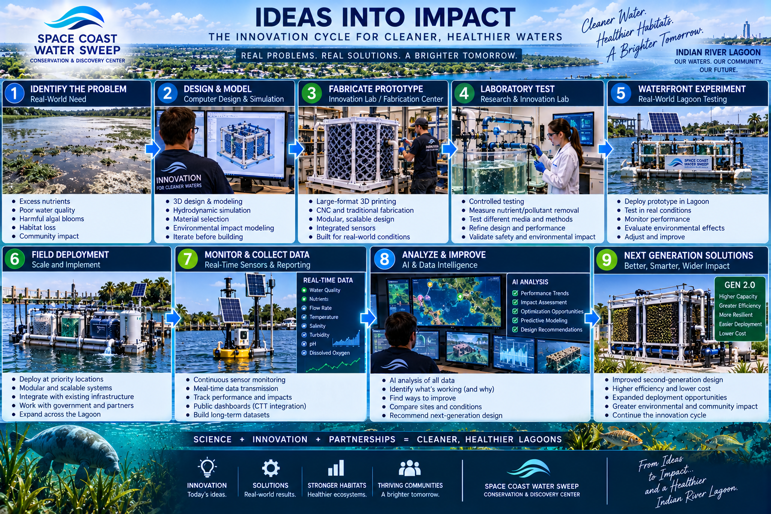 Ideas Into Impact infographic titled 'Ideas Into Impact — Cleaner Water. Healthier Habitats. A Brighter Tomorrow.' showing a nine-step innovation cycle: 1. Identify the Problem (excess nutrients, poor water quality, harmful algal blooms, habitat loss, community impact), 2. Design & Model (3D design and modeling, hydrodynamic simulation, material selection, environmental impact modeling, iterate before building), 3. Fabricate Prototype (large-format 3D printing, CNC and traditional fabrication, modular scalable design, integrated sensors, built for real-world conditions), 4. Laboratory Test (controlled testing, measure nutrient/pollutant removal, test different media and methods, refine design and performance, validate safety and environmental impact), 5. Waterfront Experiment (deploy prototype in Lagoon, test in real conditions, monitor performance, evaluate environmental effects, adjust and improve), 6. Field Deployment (deploy at priority locations, modular and scalable systems, integrate with existing infrastructure, work with government and partners, expand across the Lagoon), 7. Monitor & Collect Data (real-time sensors — water quality, nutrients, flow rate, temperature, salinity, turbidity, pH, dissolved oxygen; continuous sensor monitoring, real-time data transmission, track performance and impacts, public dashboards with CTT integration, build long-term datasets), 8. Analyze & Improve (AI analysis — performance trends, impact assessment, optimization opportunities, predictive modeling, design recommendations; identify what's working and why, find ways to improve, compare sites and conditions, recommend next-generation design), 9. Next Generation Solutions (Gen 2.0 — higher capacity, greater efficiency, more resilient, easier deployment, lower cost; improved second-generation design, higher efficiency and lower cost, expanded deployment opportunities, greater environmental and community impact, continue the innovation cycle), with a footer of four pillars (Innovation — today's ideas, Solutions — real-world results, Stronger Habitats — healthier ecosystems, Thriving Communities — a brighter tomorrow) and the tagline 'Science + Innovation + Partnerships = Cleaner, Healthier Lagoons.'