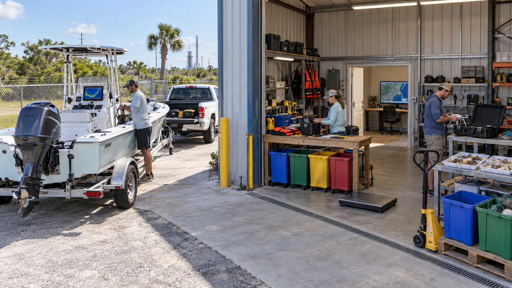 Operational base with boat, equipment, and crew preparing for Project Lagoon field operations