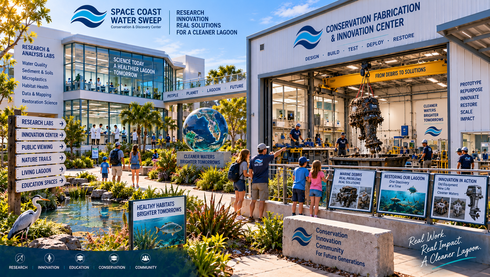 Conceptual rendering of the Research & Innovation portion of the campus, showing modern research buildings and a high-bay Conservation Fabrication & Innovation Center connected to landscaped pedestrian areas, with safe visitor viewing opportunities into active conservation technology work.