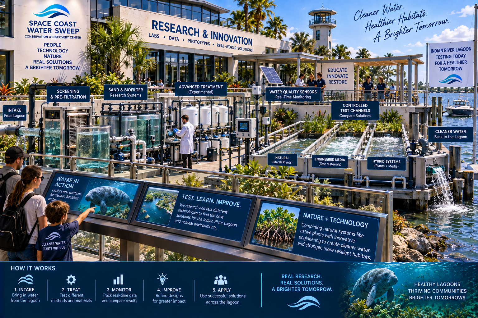 Research & Innovation infographic titled 'Research & Innovation — Labs ♦ Data ♦ Prototypes ♦ Real-World Solutions' overlaid on a waterfront testbed facility image with labeled equipment zones (Intake — From Lagoon, Screening & Pre-Filtration, Sand & Biofilter — Research Systems, Advanced Treatment — Experimental, Water Quality Sensors — Real-Time Monitoring, Controlled Test Channels — Compare Solutions, Natural — Marsh Plants, Engineered Media — Test Materials, Hybrid Systems — Plants + Media, Cleaner Water — Back to the Lagoon), three foreground interactive kiosks (Water in Action, Test. Learn. Improve., Nature + Technology) and a 'How It Works' footer with a five-step process (Intake — Bring in water from the lagoon, Treat — Test different methods and materials, Monitor — Track real-time data and compare results, Improve — Refine designs for greater impact, Apply — Use successful solutions across the lagoon).