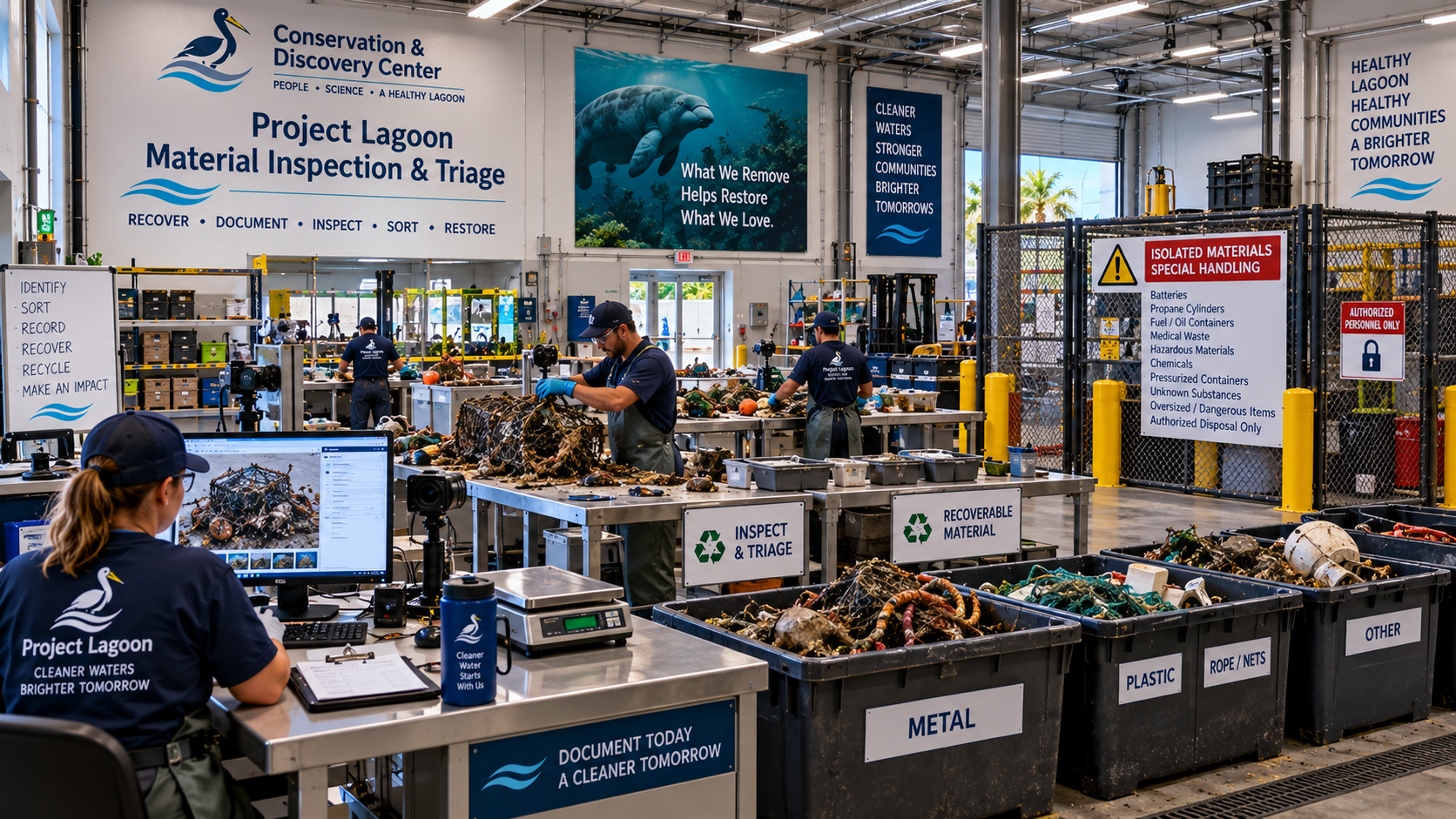 Project Lagoon Material Inspection & Triage area within the Resource Recovery Center — a bright industrial workspace where staff in high-visibility vests document and sort recovered marine debris at stainless steel inspection tables labeled 'Inspect & Triage' and 'Recoverable Material.' A documentation station with computer monitor, digital scale and clipboard logs material. Four heavy-duty sorting bins are labeled Metal, Plastic, Rope/Nets and Other. A chain-link enclosure on the right holds 'Isolated Materials Special Handling' with an 'Authorized Personnel Only' sign. Wall signage reads 'Project Lagoon Material Inspection & Triage — Recover • Document • Inspect • Sort • Restore' and a manatee mural reads 'What We Remove Helps Restore What We Love.'