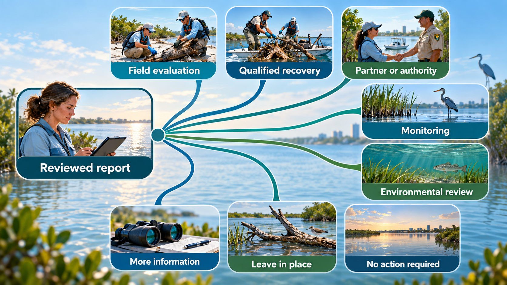 A major branching visual showing that after review and evaluation, a reviewed report can follow different paths — field evaluation, qualified recovery, partner or authority routing, monitoring, further environmental review, additional information needed, leave in place, or no action required. Eight outcome cards fan out from a single reviewed-report node, illustrating that there is not a single universal workflow.