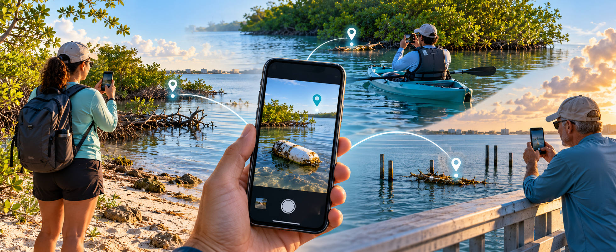 Illustrative concept composite: a central smartphone camera bridges different lagoon observers — a shoreline walker, a kayaker, and a dock visitor — each photographing something in the water, with location pins linking every observation to the same device. Communicates that a photograph plus available location and context can be the beginning of a useful report. Not a detailed screenshot or tutorial of the reporting interface.