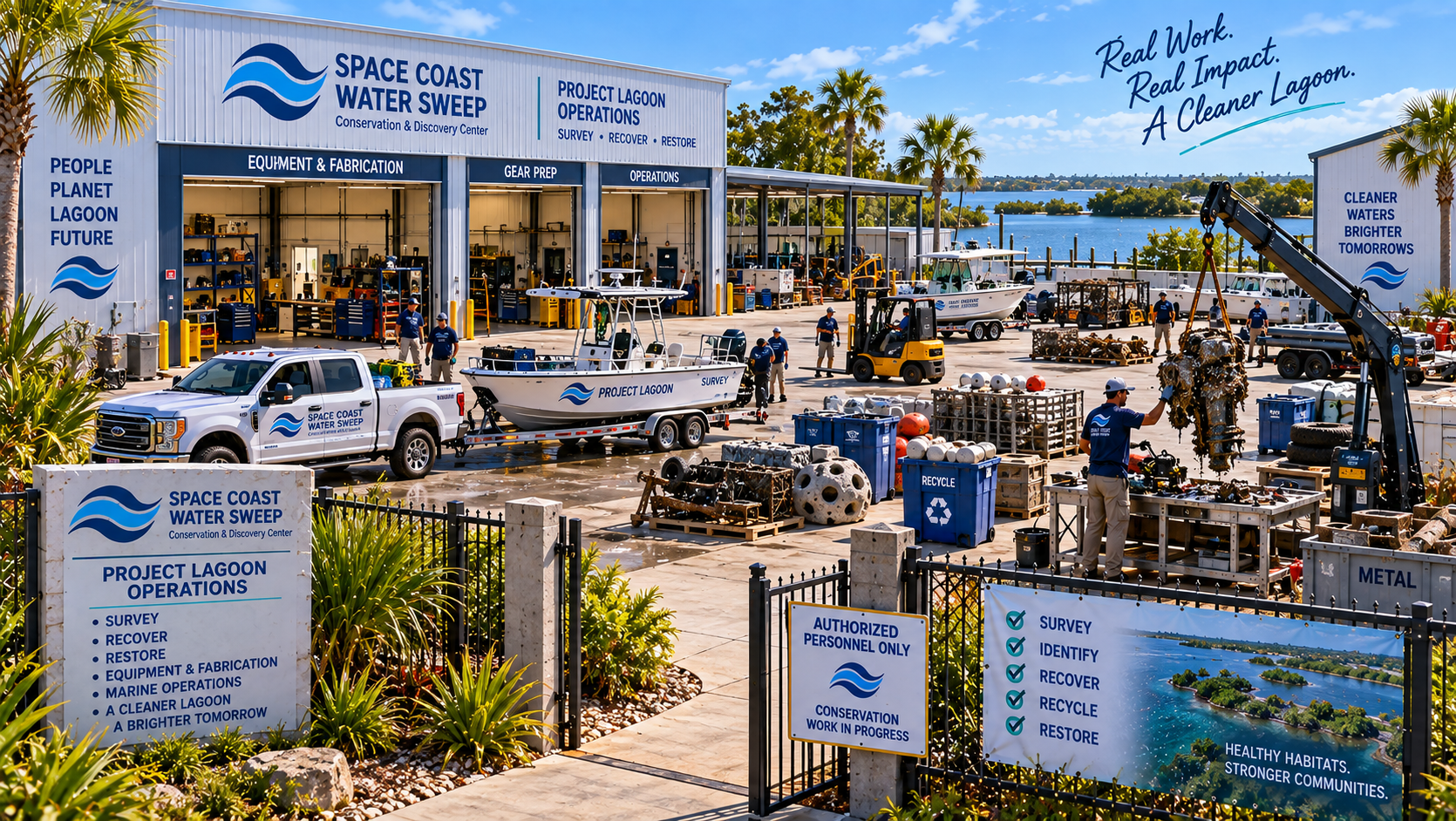 Conceptual rendering of the secured Project Lagoon operations side of the campus, with survey and recovery boats, work trucks, trailers, equipment staging, fabrication and marine operations organized within a professional conservation operations yard.