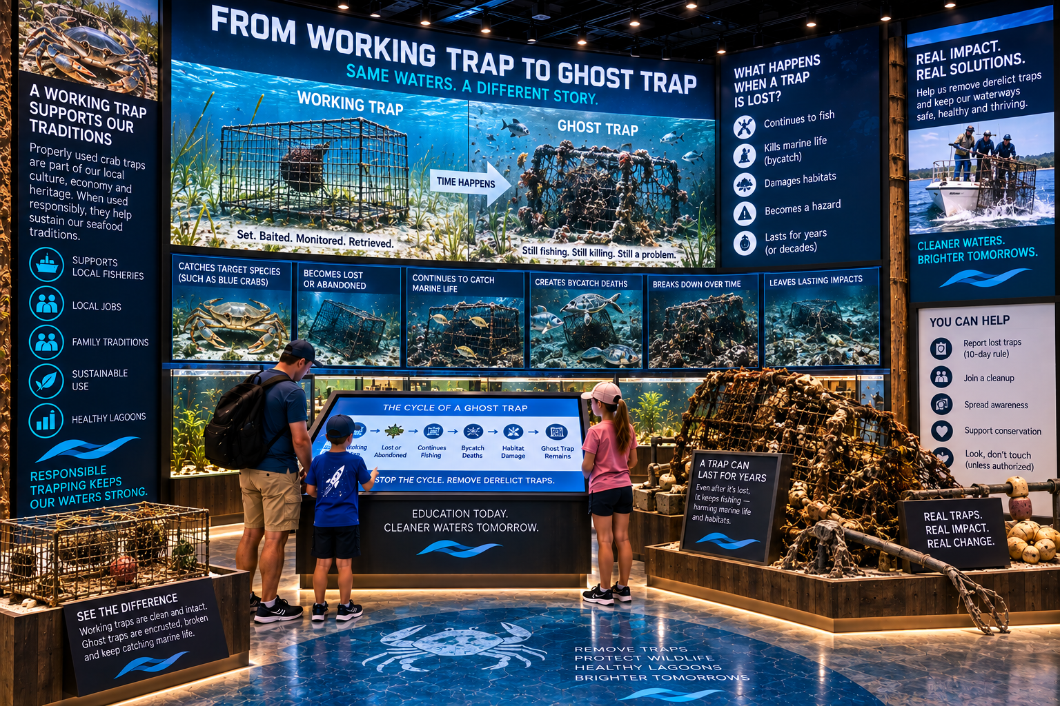 Clear interactive educational display showing a working crab trap transitioning through loss/displacement into derelict gear, environmental impacts and authorized recovery, including responsible boater awareness.