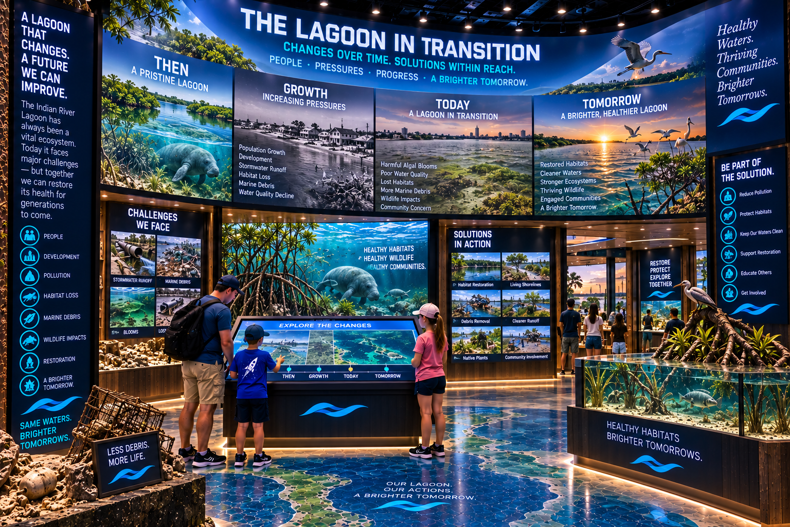 Immersive transition experience visually combining historical growth, waterways, fisheries, wildlife, development and environmental change, leading visitors toward Currents Through Time and the Living Lagoon Monitor.